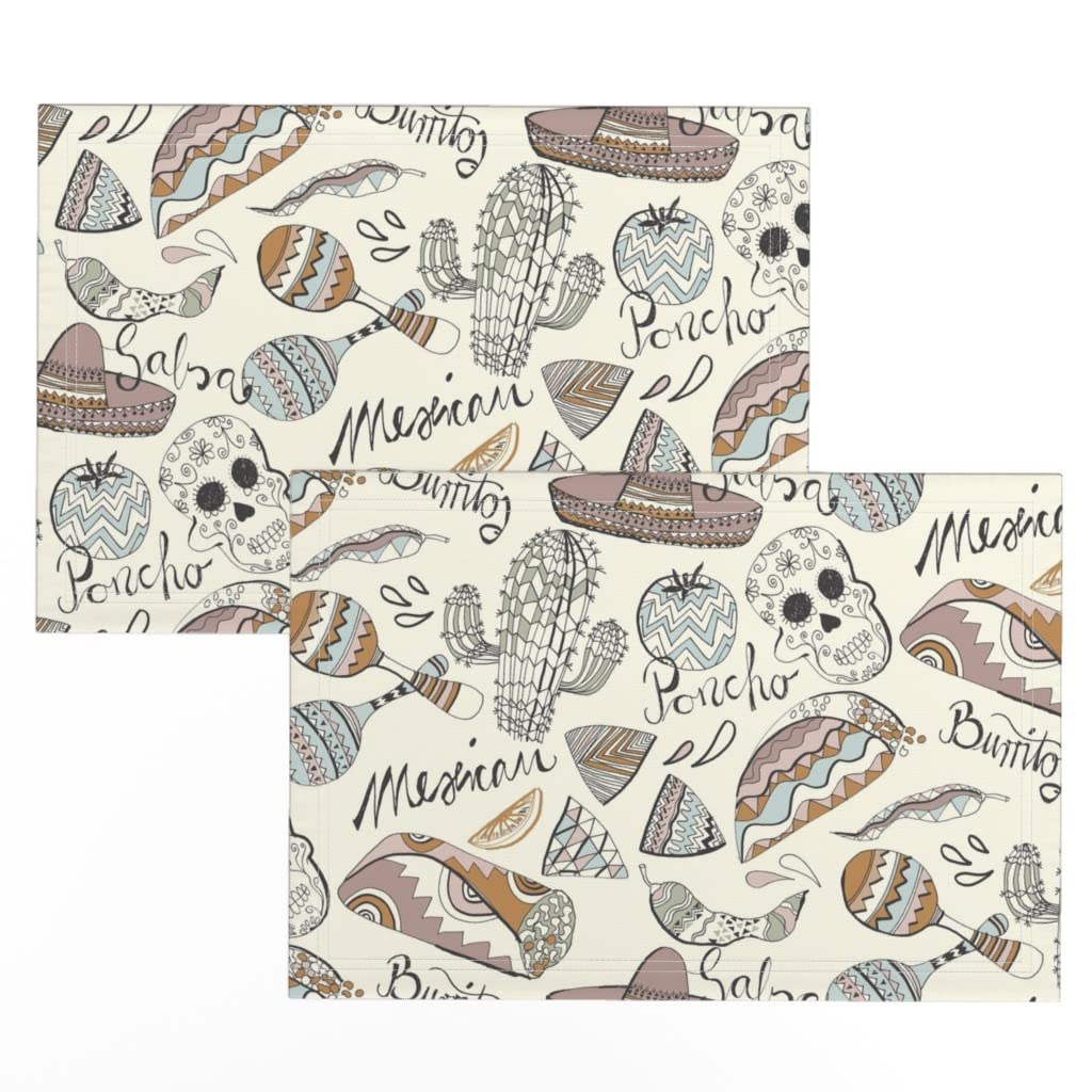 Mexican Burritos Skull Cactus Taco Print Linen Cotton Placemats Set of 2 - Washable Table Mats for Dining, Kitchen Decor, Mexican Fiesta Party Supplies