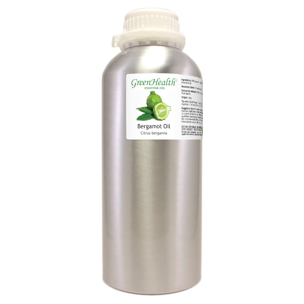 **Bergamot Essential Oil 32 fl oz (946 ml) - 100% Pure Therapeutic Grade - Aluminum Bottle with Plug Cap - Aromatherapy, Diffuser, Massage & Skin Care - GreenHealth**