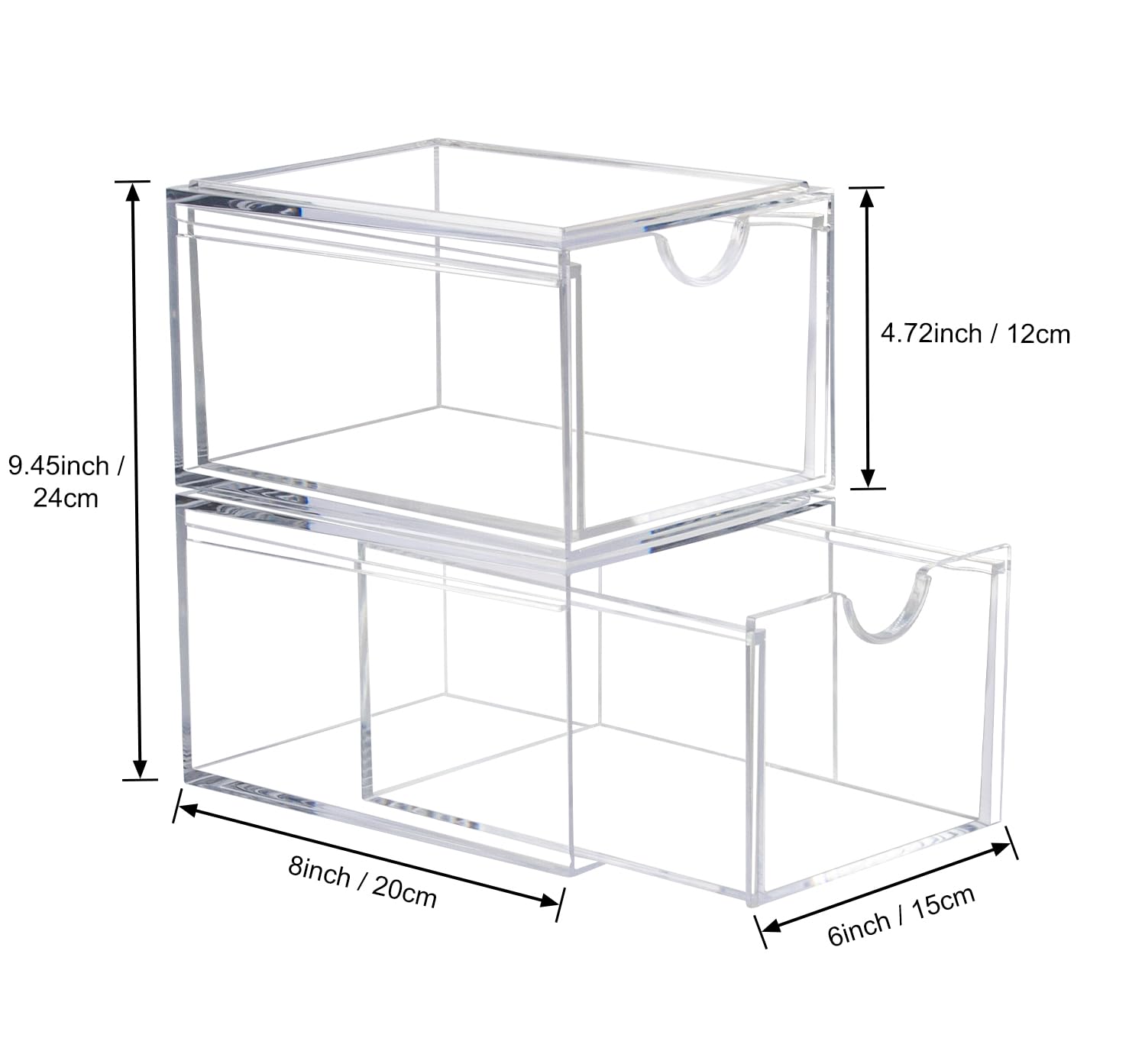 Stackable Acrylic Makeup Organizer Drawers - 2-Piece Set for Cosmetics, Bathroom Counter, or Dresser | Clear Storage for Vanity & Beauty Products