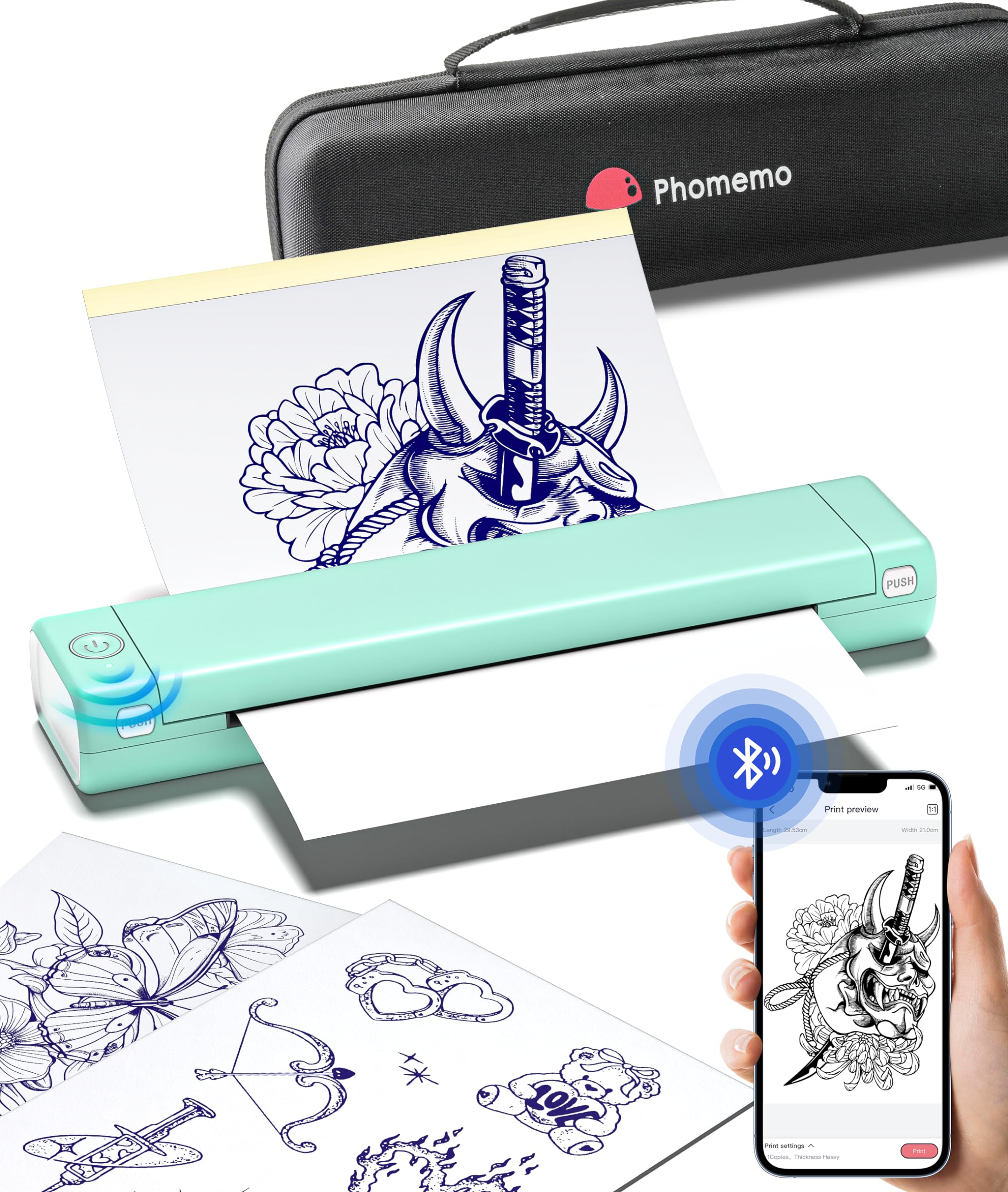Phomemo M08F Bluetooth Tattoo Stencil Printer - Wireless Thermal Transfer Printer for Tattoo Artists & Beginners | Compatible with iPhone, Android & PC | Includes Storage Case & 10 Transfer Papers | Perfect for Tattoo Studios, Home Practice & Professional Artwork