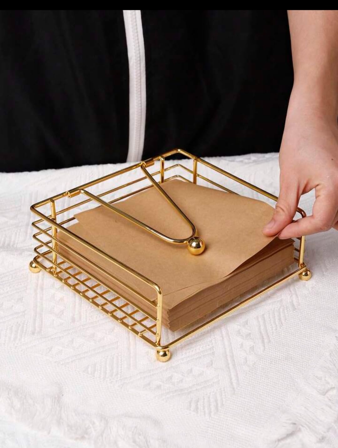 CentraLit Modern Square Napkin Holder with Weighted Arm - Gold Tissue Paper Dispenser for Kitchen, Dining Table, Restaurant, Farmhouse - Perfect for Home Decor, Hotel Tableware & Diwali Decoration - Durable & Stylish Tabletop Organizer