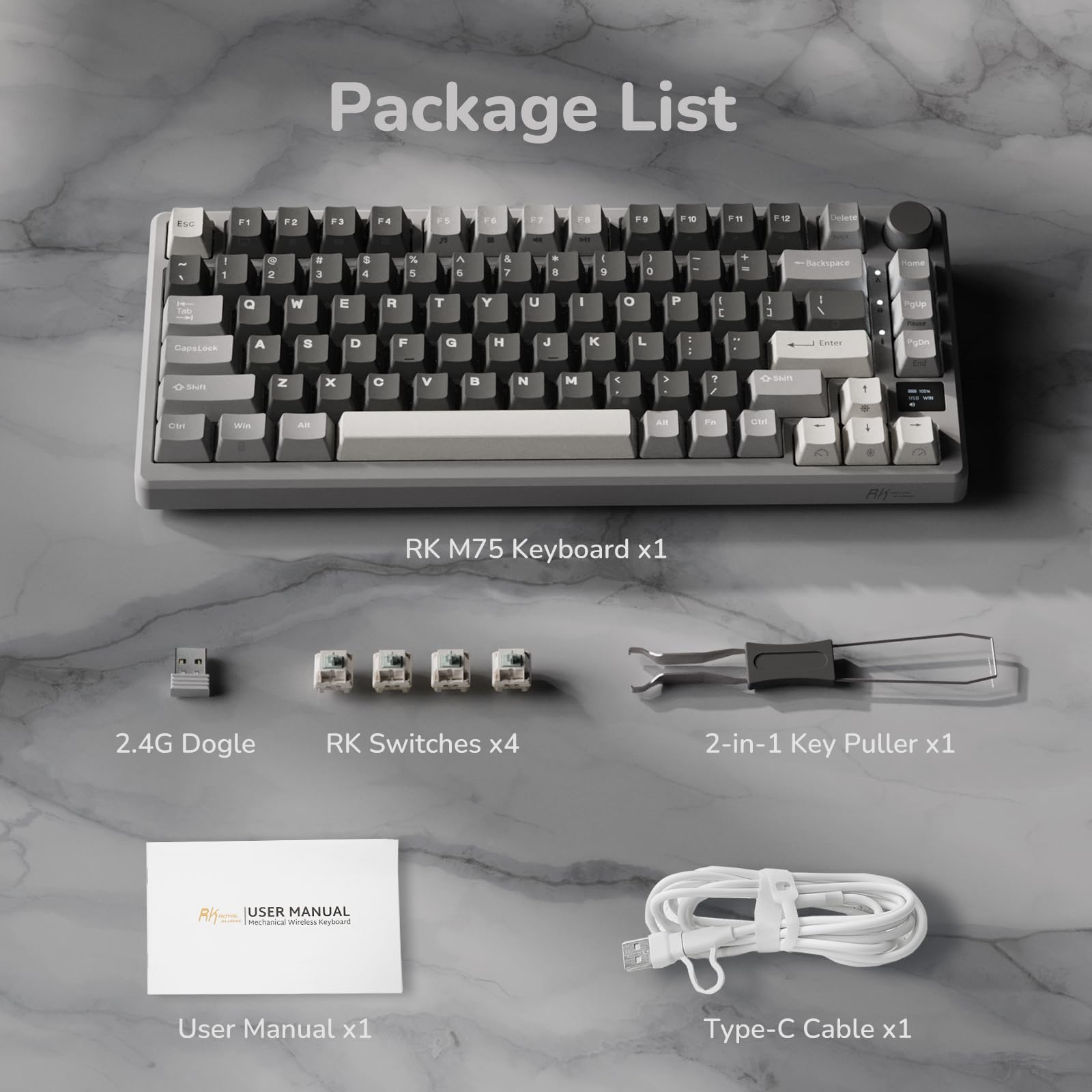 RK ROYAL KLUDGE M75 Wireless Mechanical Gaming Keyboard - 2.4Ghz/BT5.1/USB-C, 75% Compact Layout (81 Keys), Gasket Mount, OLED Display & Control Knob, RGB Backlit, Hot-Swappable Viridian Switch (Marble Grey) - Perfect for PC Gaming, Office Work & Typing Enthusiasts