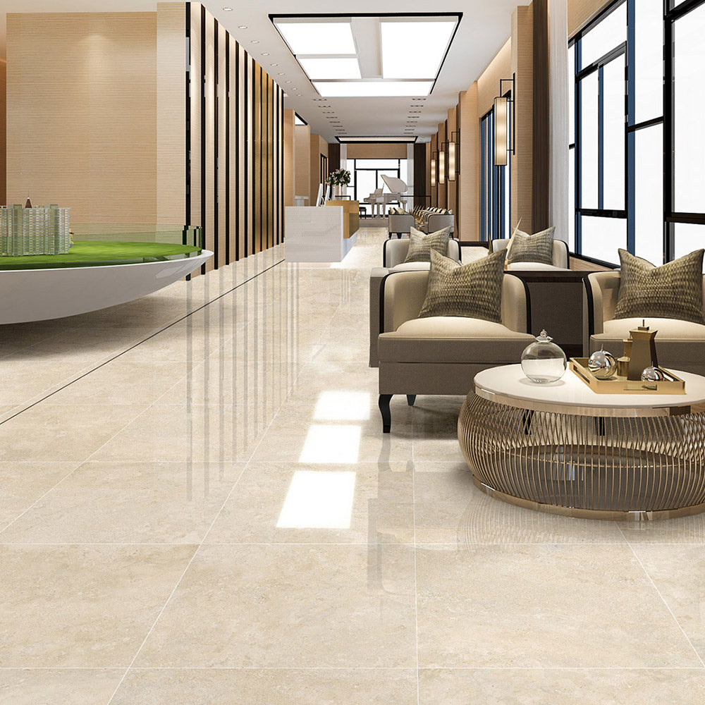 Premium 600X600 Polished Porcelain Tiles - Cantabria Sand Travertine Look for Flooring & Wall | Perfect for Bathroom, Kitchen & Living Room Decor