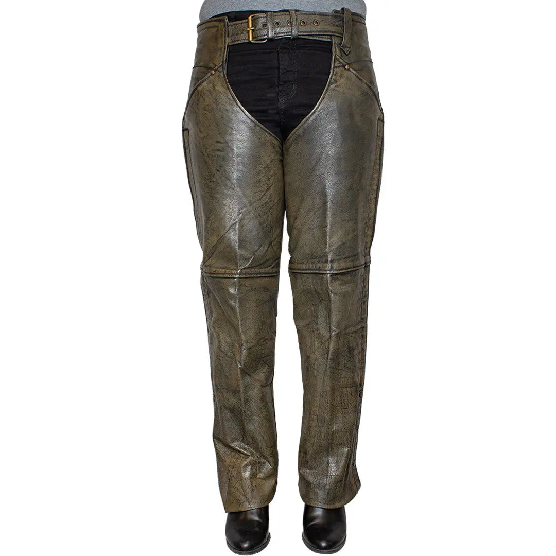 Vintage Distressed Brown Leather Chaps for Women - Motorcycle Riding Gear for Bikers & Harley Davidson Enthusiasts | Perfect for Motorcycle Rallies, Biker Events & Costume Parties