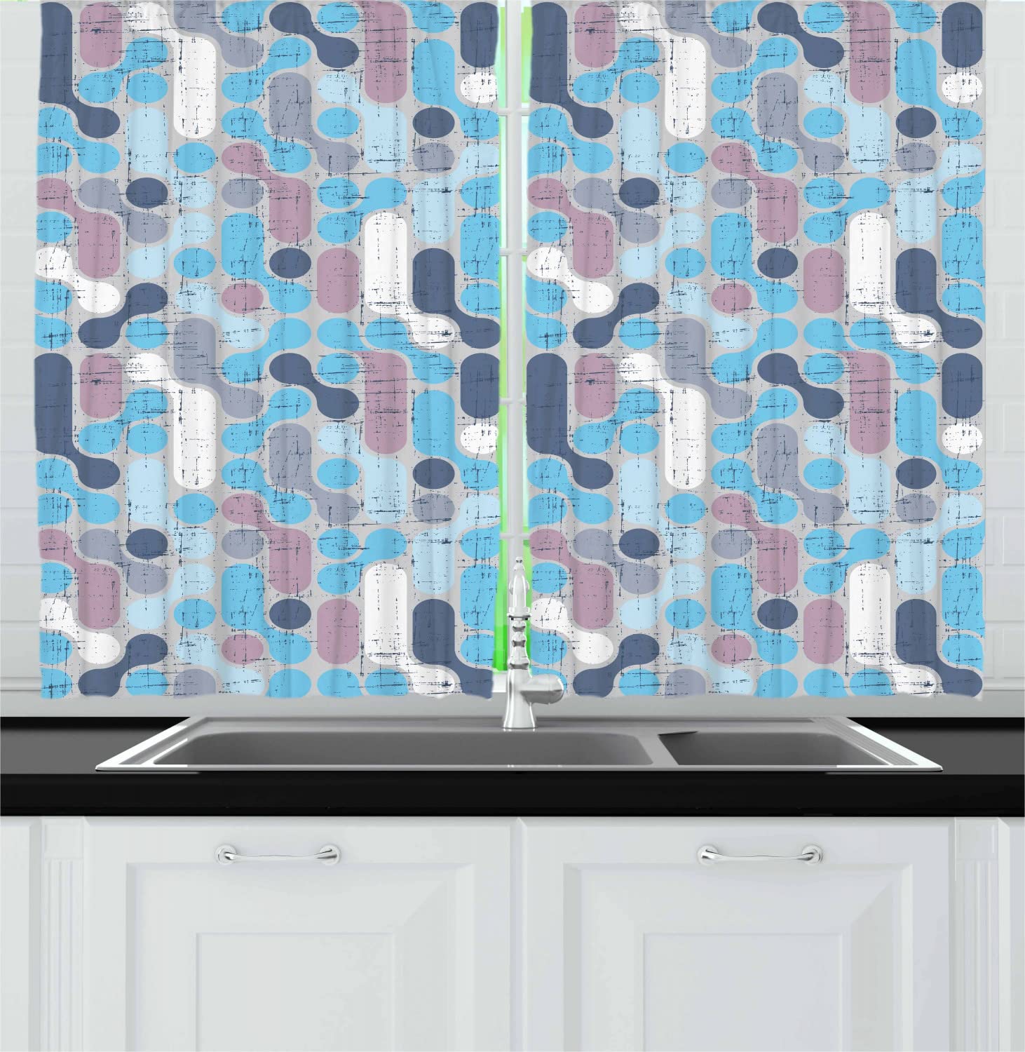 Ambesonne Abstract Long Kitchen Curtains - Grunge Retro Pattern with Circles & Dots, 2 Panel Rod Pocket Drapes 55x45 Inches, Pale Blue & Mauve - Perfect for Bohemian & Vintage Style Home Decor, Ideal for Kitchen Windows, Dining Room & Living Room