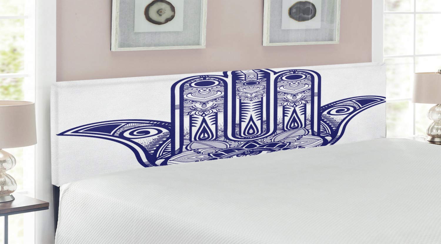 Ambesonne King Size Upholstered Hamsa Headboard with Memory Foam - Navy Blue Cabala Magic Themed Art Design for Bedroom Decor | Perfect for Master Bedrooms, Guest Rooms & Bohemian Style Homes