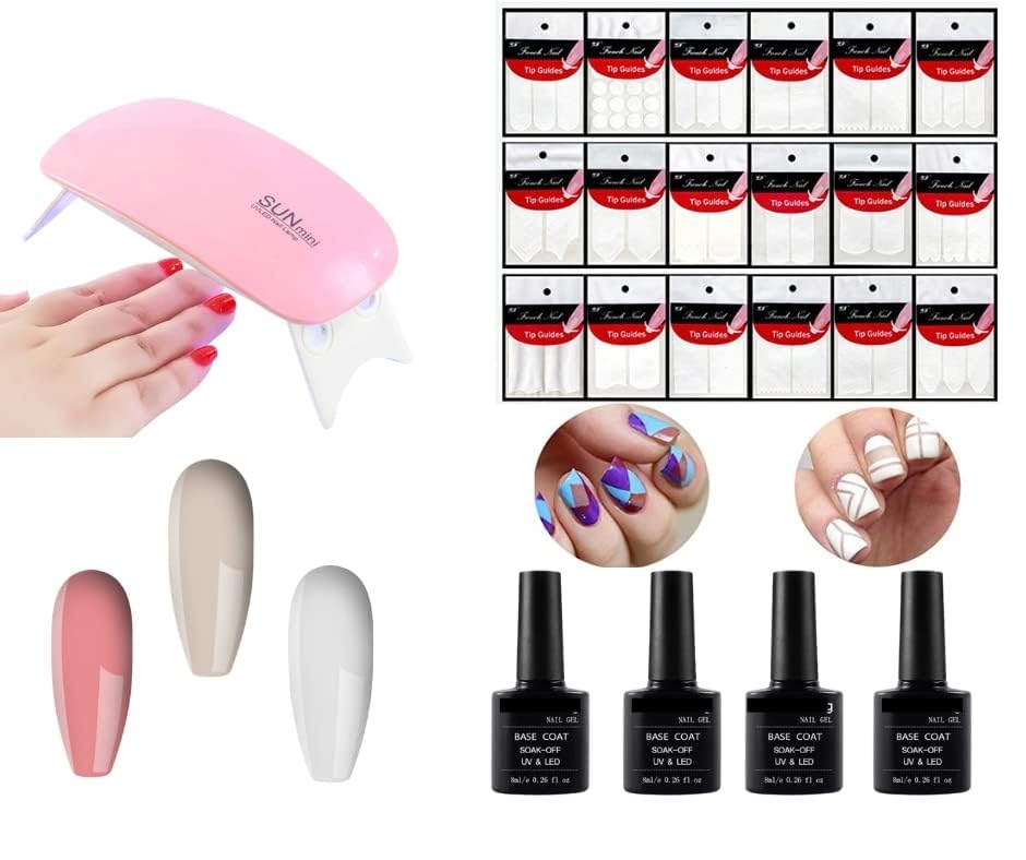 Coslifestore - 3 Pack Gel Nail Polish Set with Mini UV Lamp, 25 French Nail Art Stickers, Base & Top Coat | At-Home Manicure Kit for DIY Nail Art & Salon-Quality Results
