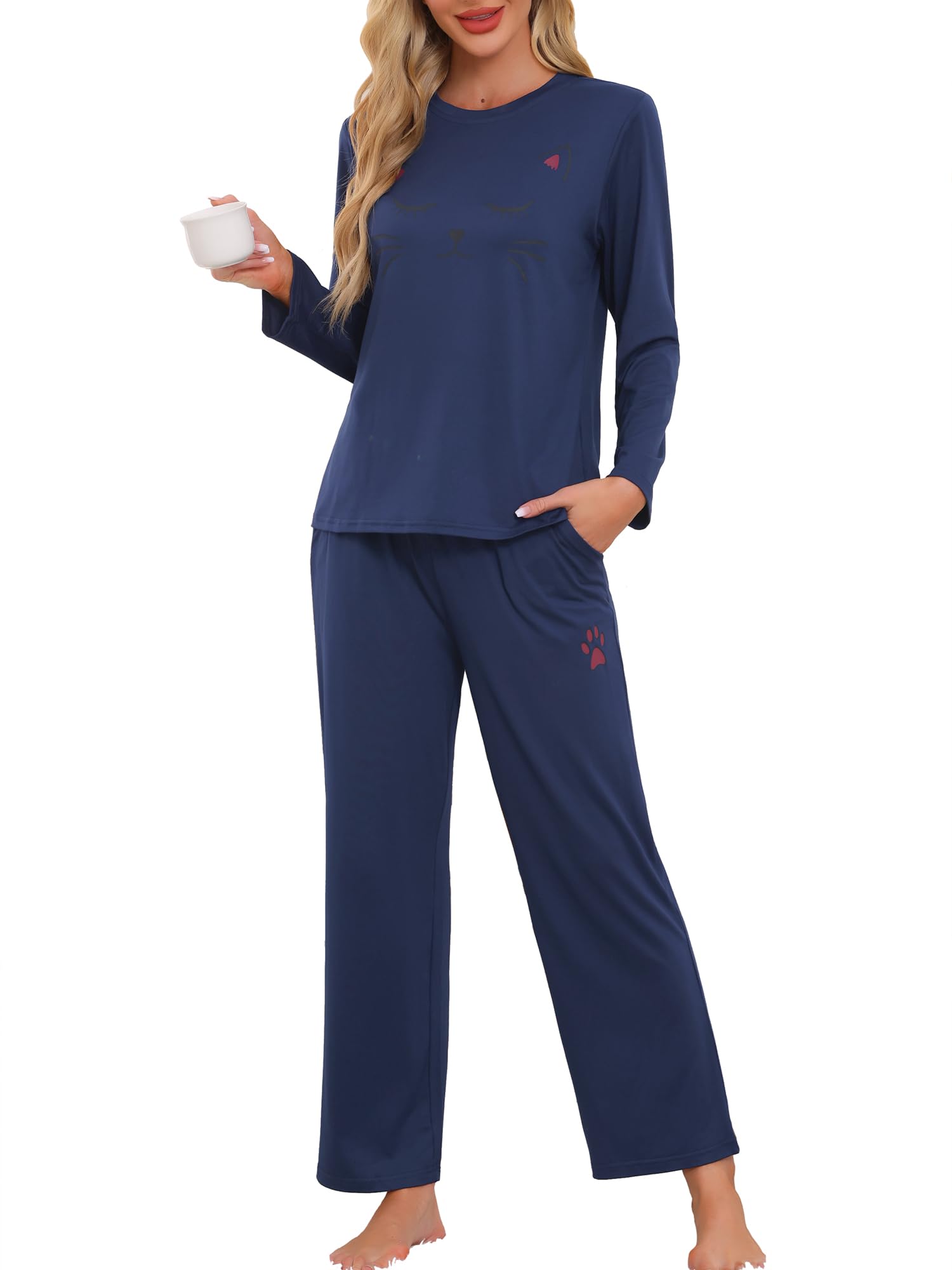 Cheibear Women's Cat Pajama Set - Long Sleeve Cute Sleepwear with Pockets, Christmas Pajamas for Women, Cozy Lounge Wear for Bedtime & Holiday Gifts