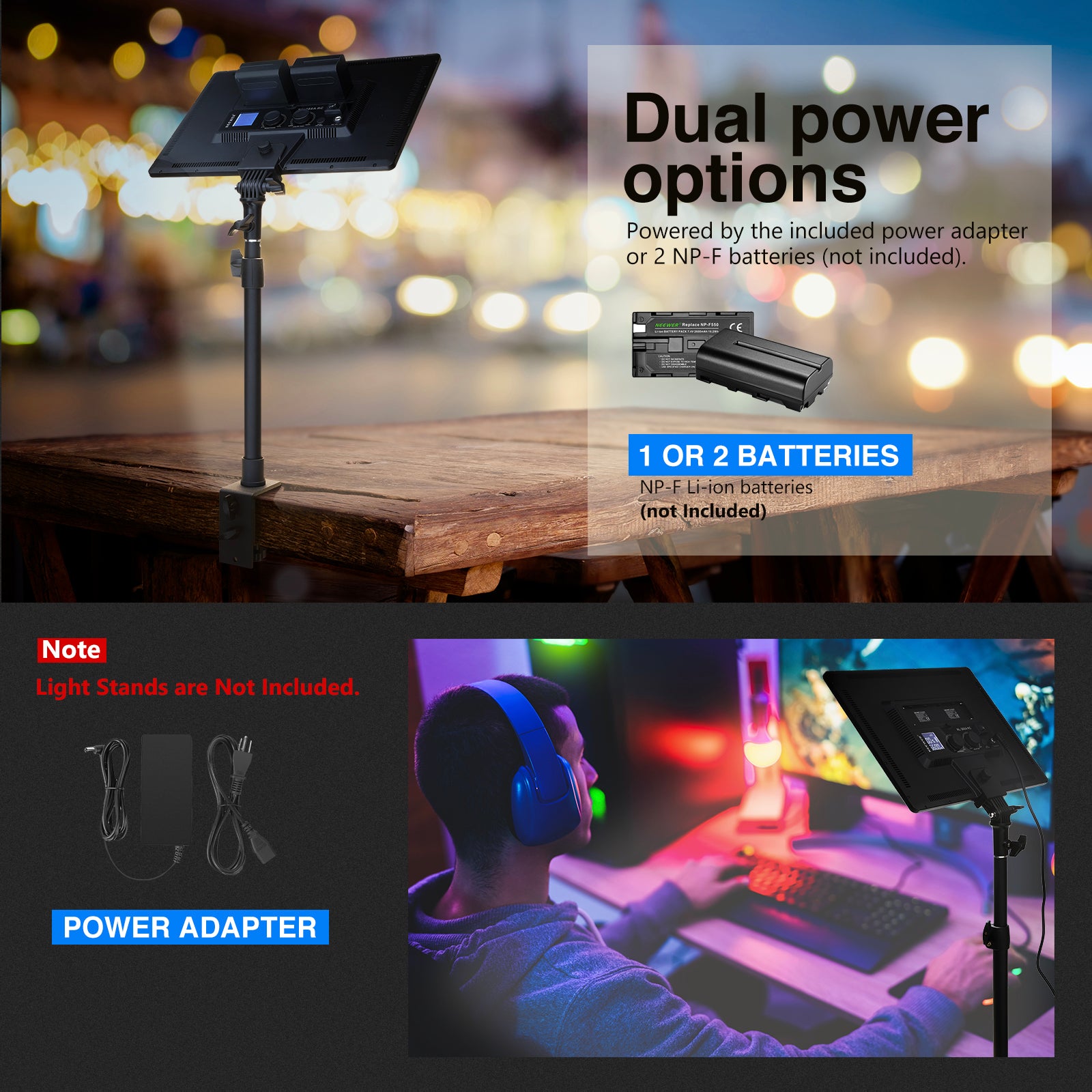 NEEWER NL288A Bi-Color LED Panel Light Kit - 3200K-5600K Adjustable, 288 LEDs, Dimmable, for Photography, Videography, YouTube, Studio, Live Streaming & Video Conferencing