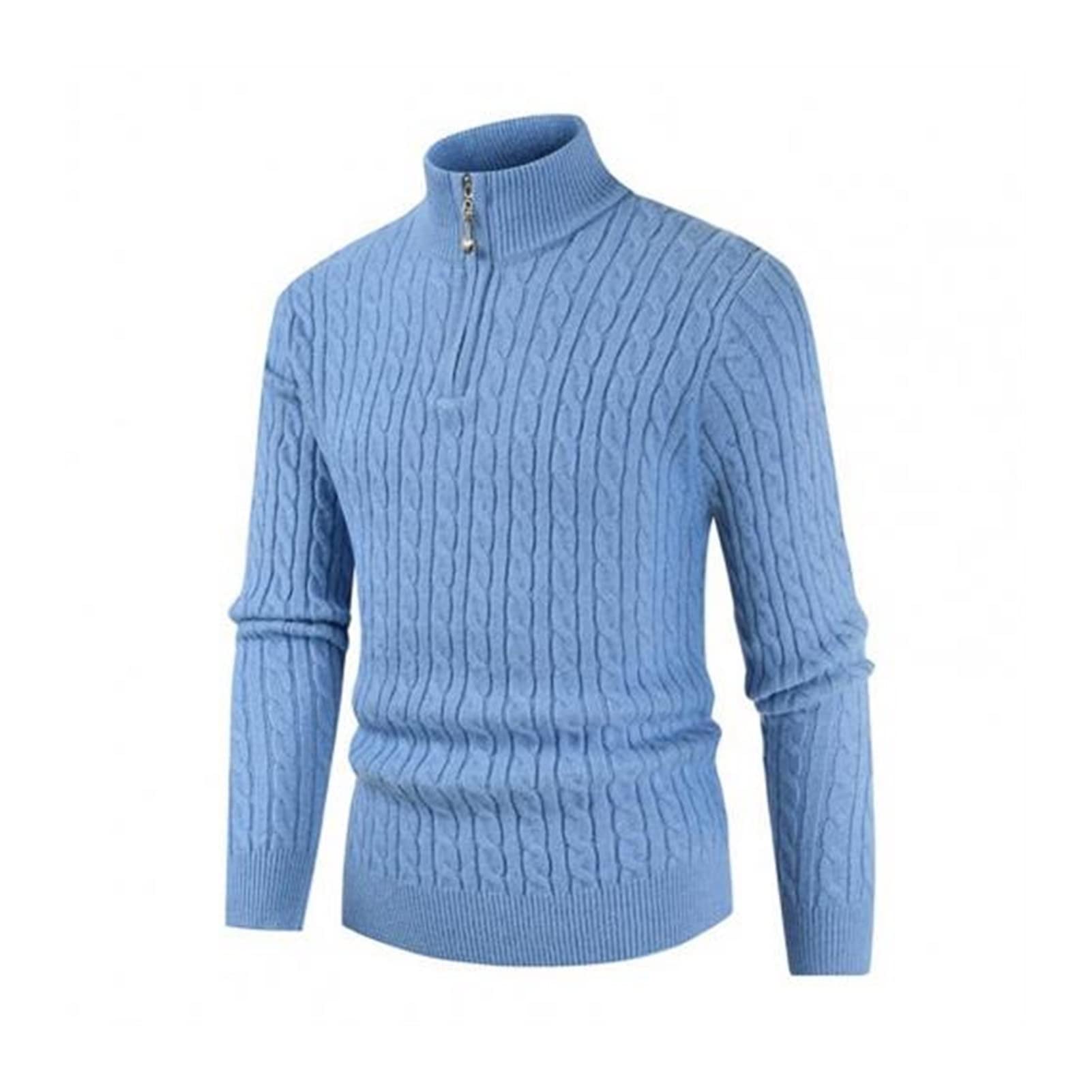 Men's Cotton Blend Knitted Sweater - Long Sleeve Stand Collar Turtleneck Zipper Pullover for Men (Blue, Size L) | Casual Winter Wear, Office Outfit & Date Night Fashion