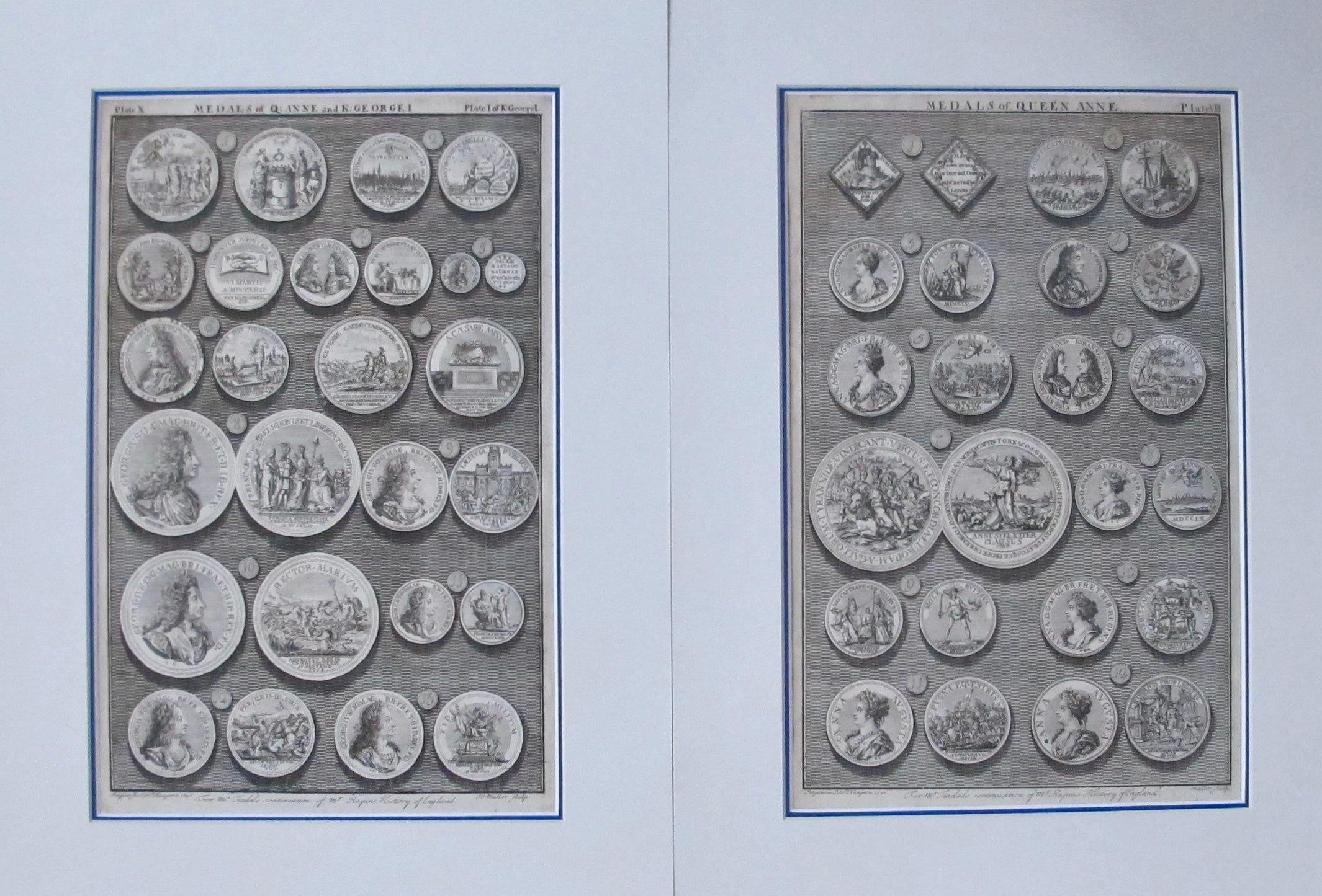 1745 British Regal Medals Collection - Queen Anne & King George Set of 2 (Matted) | Royal Coin Collectors Gift, Historical Display for Home & Office Decor