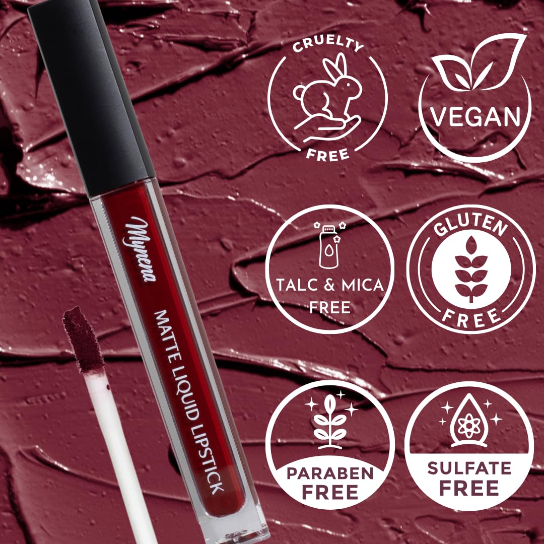 Mynena Burgundy Red Matte Liquid Lipstick – Long-Lasting, Smudge-Proof, Waterproof, Transfer-Resistant – Hydrating Formula with Shea Butter – High-Pigment Vegan Lipstick for Women | Perfect for Parties, Weddings & Everyday Wear | Emma
