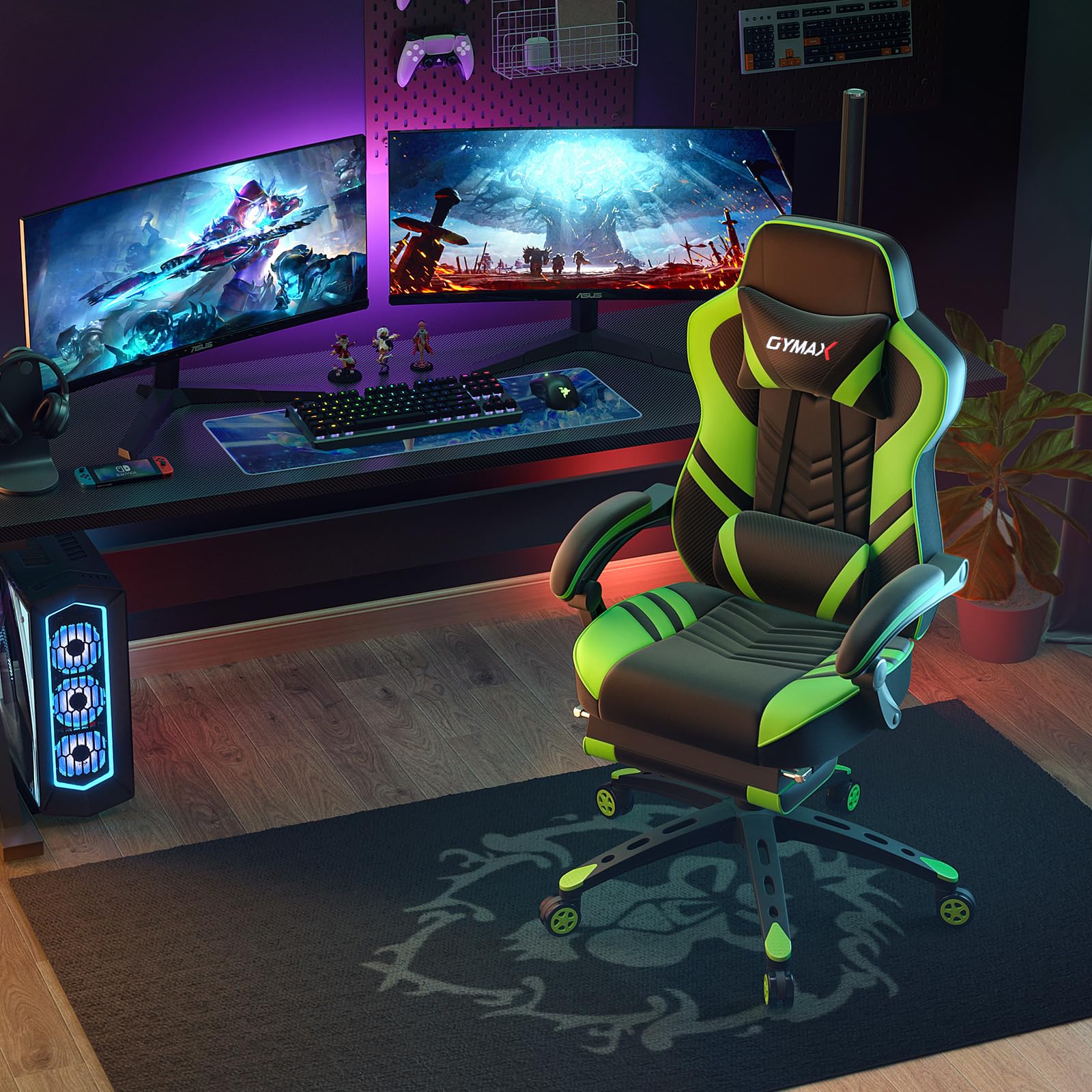 **POWERSTONE Gaming Chair - Ergonomic Racing Style PU Leather Computer Chair with Adjustable Lumbar Support & Footrest - Green - Perfect for Esports, Streaming & Office Work**