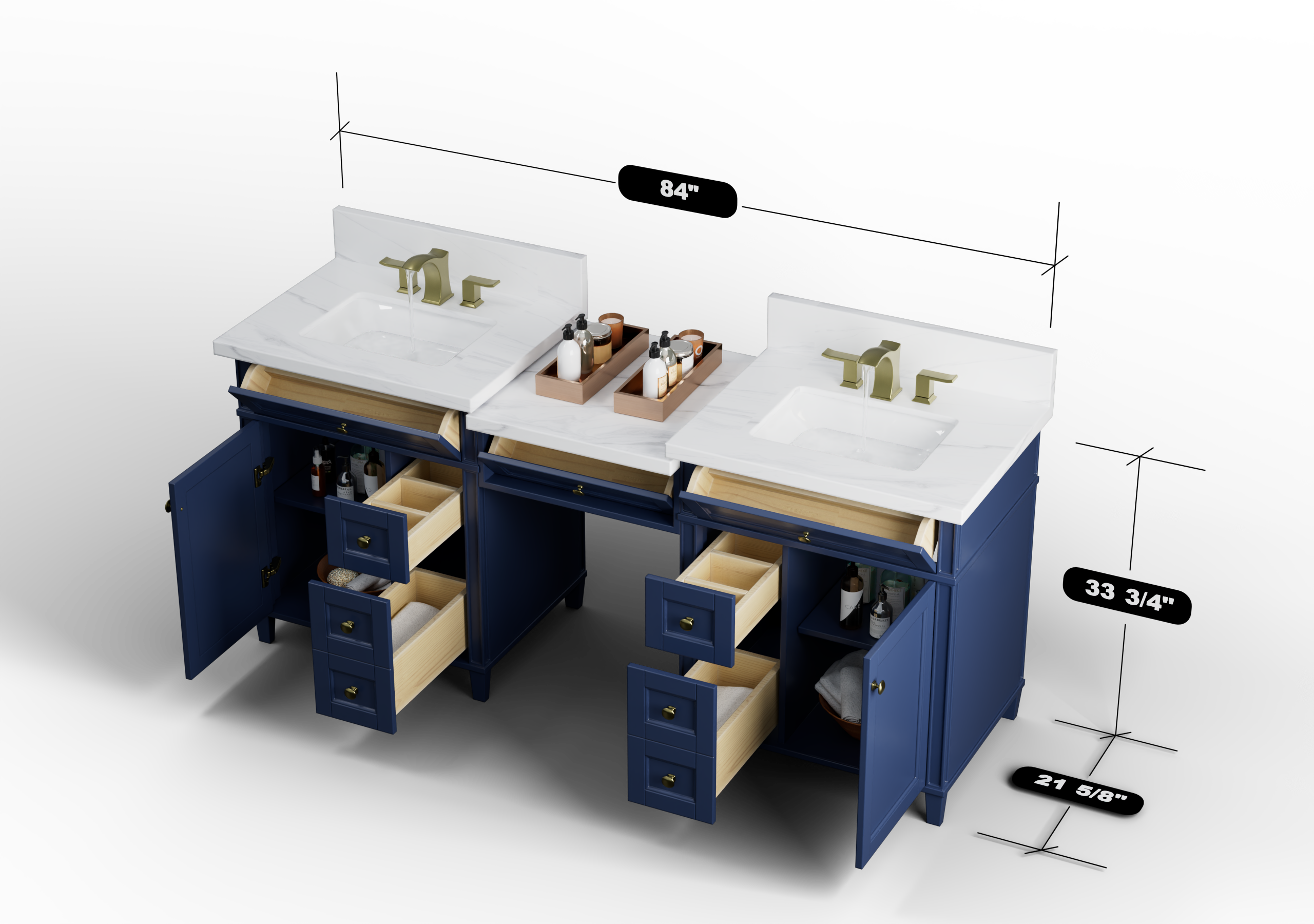 Kensington 84 Inch Solid Wood Bathroom Vanity in Navy Blue - Cabinet Only for Modern Bathroom Remodeling & Home Decor