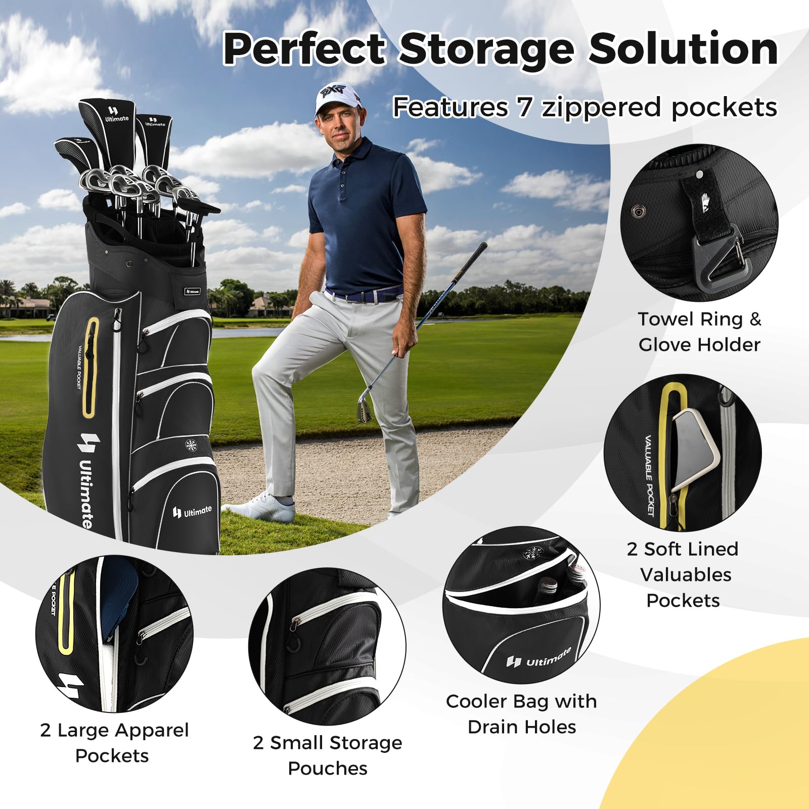ULTIMATE Golf Cart Bag with 15-Way Top Dividers - Lightweight Portable Golf Club Organizer with Individual Putter Holder, 7 Storage Pockets, Built-in Cooler Bag, Rain Hood, Umbrella Holder & Comfortable Shoulder Strap - Perfect for Golf Tournaments, Driving Range Practice & Weekend Golf Outings