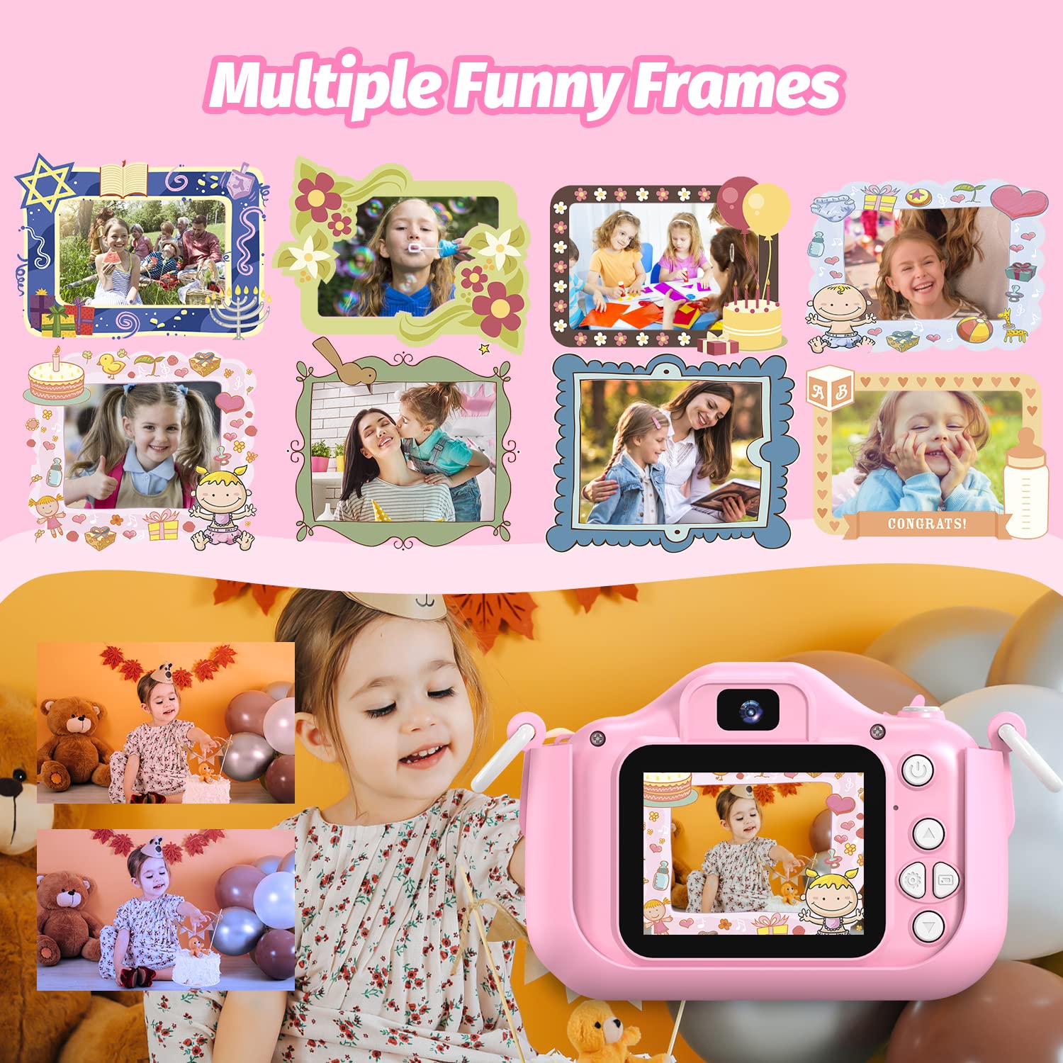 Pink Kids Digital Camera for Girls Age 3-12 | Selfie Camera Toy with Photo Fun Features | Perfect Christmas & Birthday Gift for 3-9 Year Old Girls | Great for Travel, Parties & Creative Play