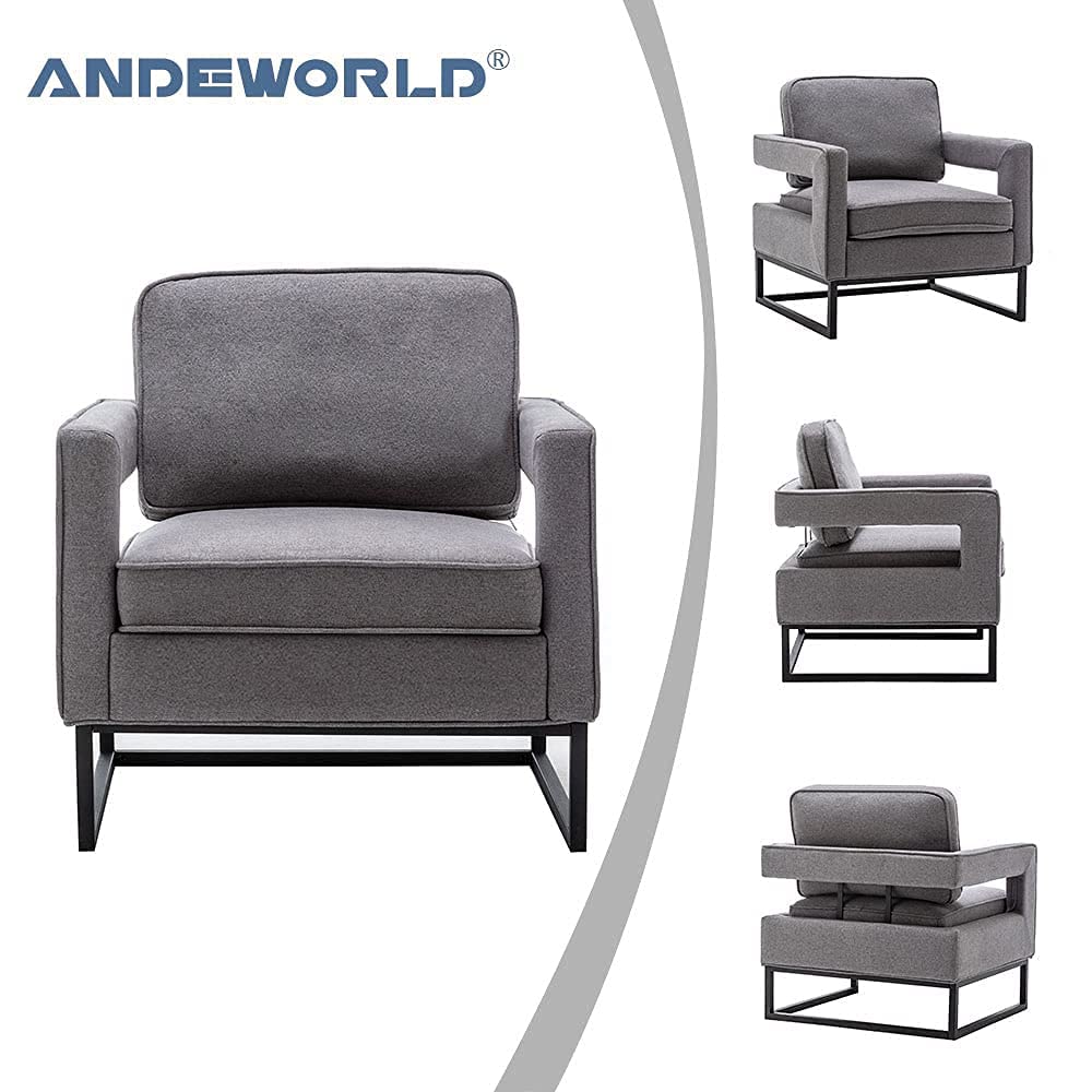Andeworld Mid Century Modern Accent Chair - Grey Upholstered Armchair for Living Room, Bedroom, Apartment - Perfect for Reading, Lounging & Relaxing | Comfortable Seating Furniture for Home Office, Lounge Area & Small Spaces