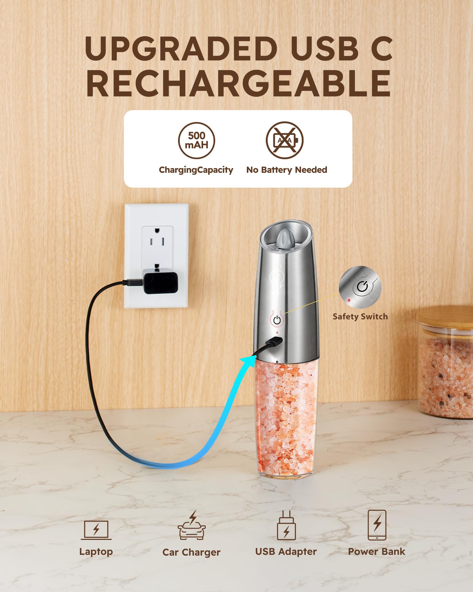 Sangcon Gravity Electric Salt and Pepper Grinder Set - Rechargeable USB-C 9oz XL Capacity, One-Hand Operation, Adjustable Coarseness, Automatic Mill for Kitchen, Dining Table, Camping & Travel