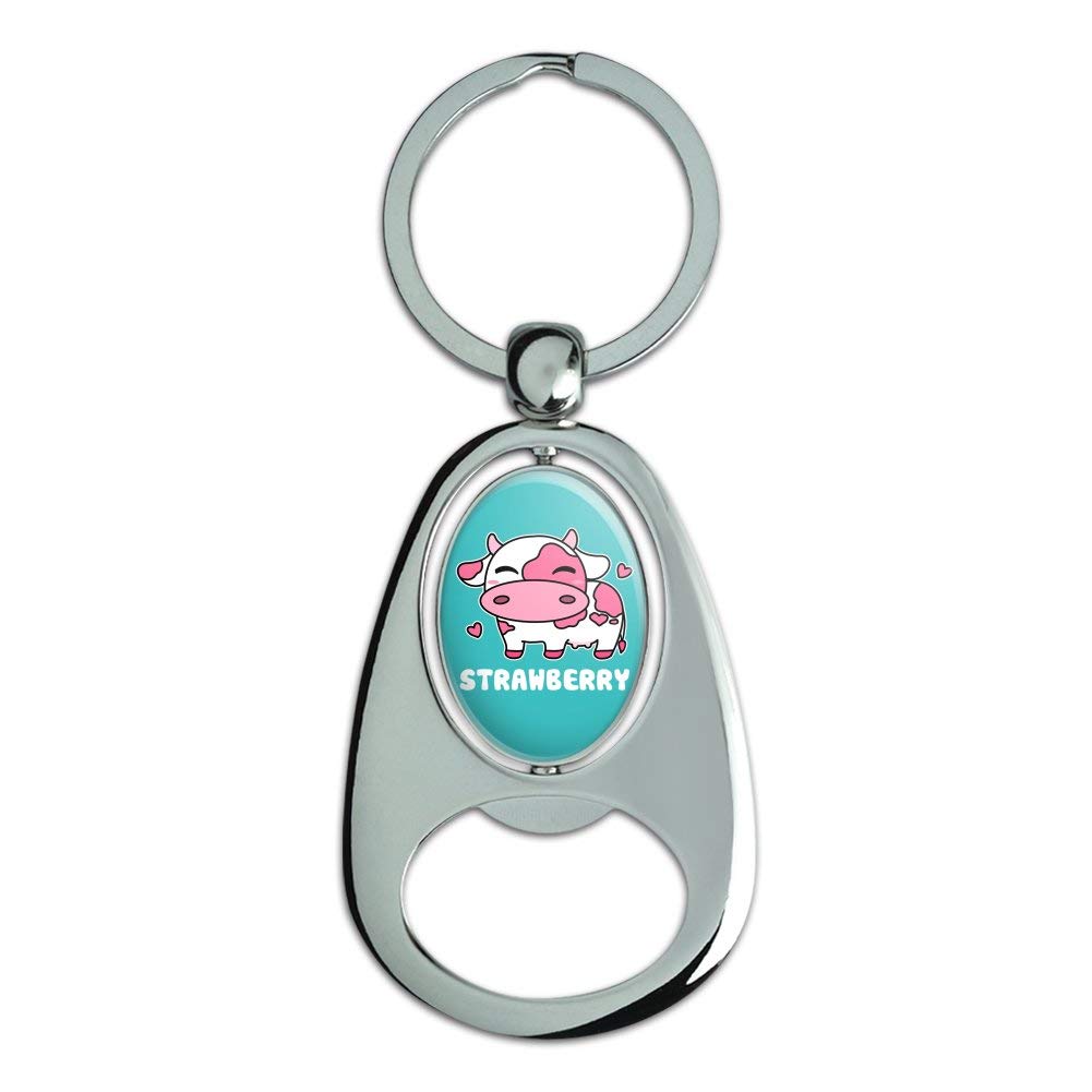 Cute Kawaii Strawberry Milk Cow Keychain - Chrome Metal Spinning Oval Bottle Opener for Gifts, Bags & Keys | Fun Anime Accessories for Girls & Teens