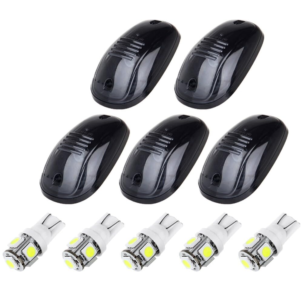 5x LED Smoke Cab Roof Marker Lights + T10-5-5050-SMD White LED Bulbs for 2003-2016 Dodge Ram 1500/2500/3500 - Clearance & Running Lights for Truck Roof Top - Perfect for Night Driving & Off-Road Adventures