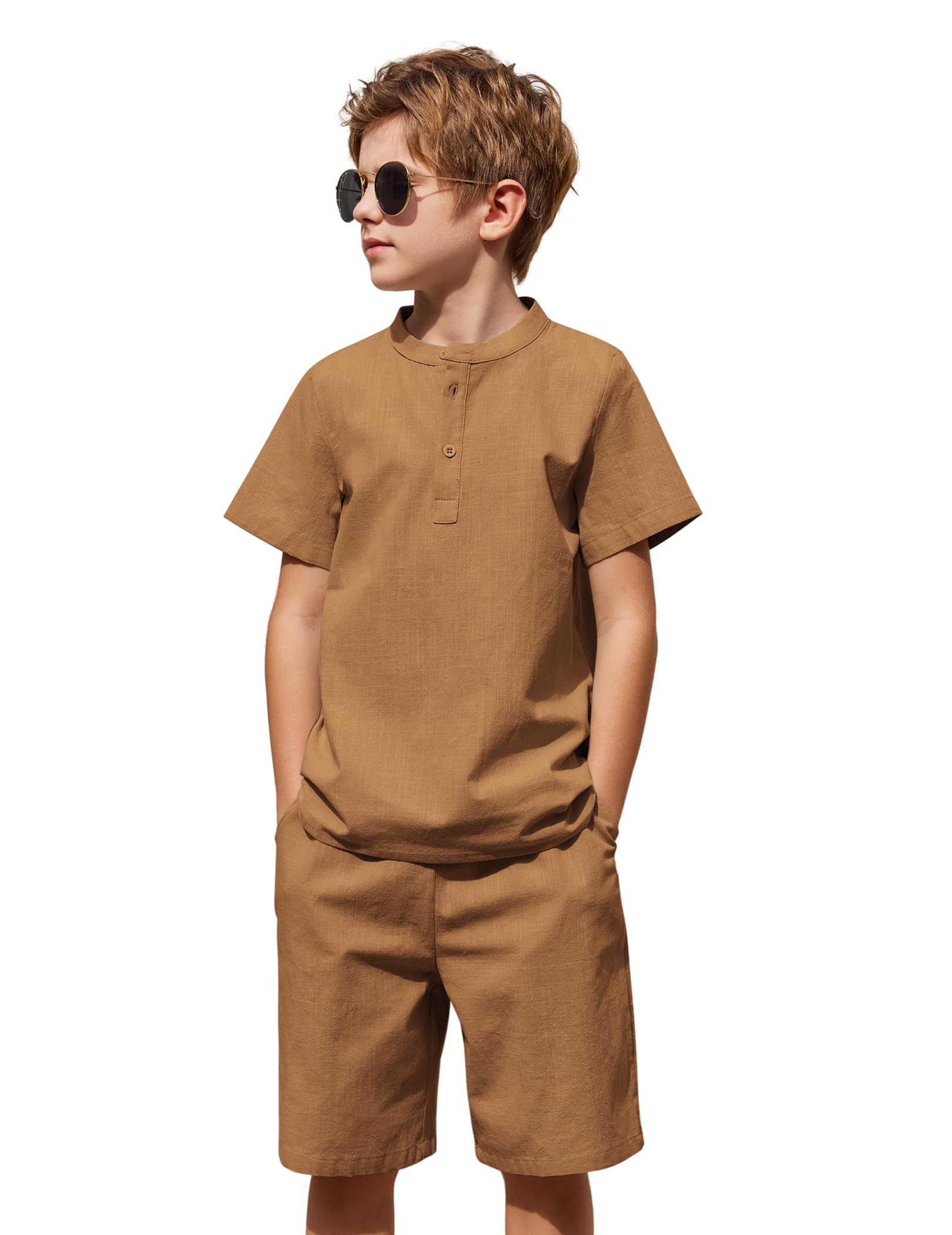 Arshiner Boys' 2-Piece Cotton Linen Outfit Set - Casual Henley Shirt & Short Sleeve Beach Shorts for Summer (5-12 Years) | Perfect for Beach Vacations, Playdates & Outdoor Adventures