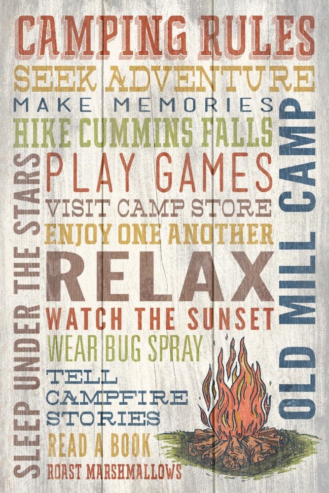 Old Mill Camp - Vintage Camping Rules Typography Metal Sign (16x24 Inch Rustic Aluminum Wall Decor for Cabin, Man Cave & Outdoor Enthusiasts)
