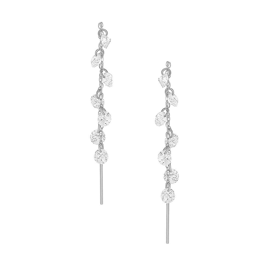 14K White Gold Round CZ Stone Dangle Threader Drop Earrings for Women - Handmade Hypoallergenic Luxury Jewelry - Perfect for Weddings, Parties & Special Occasions