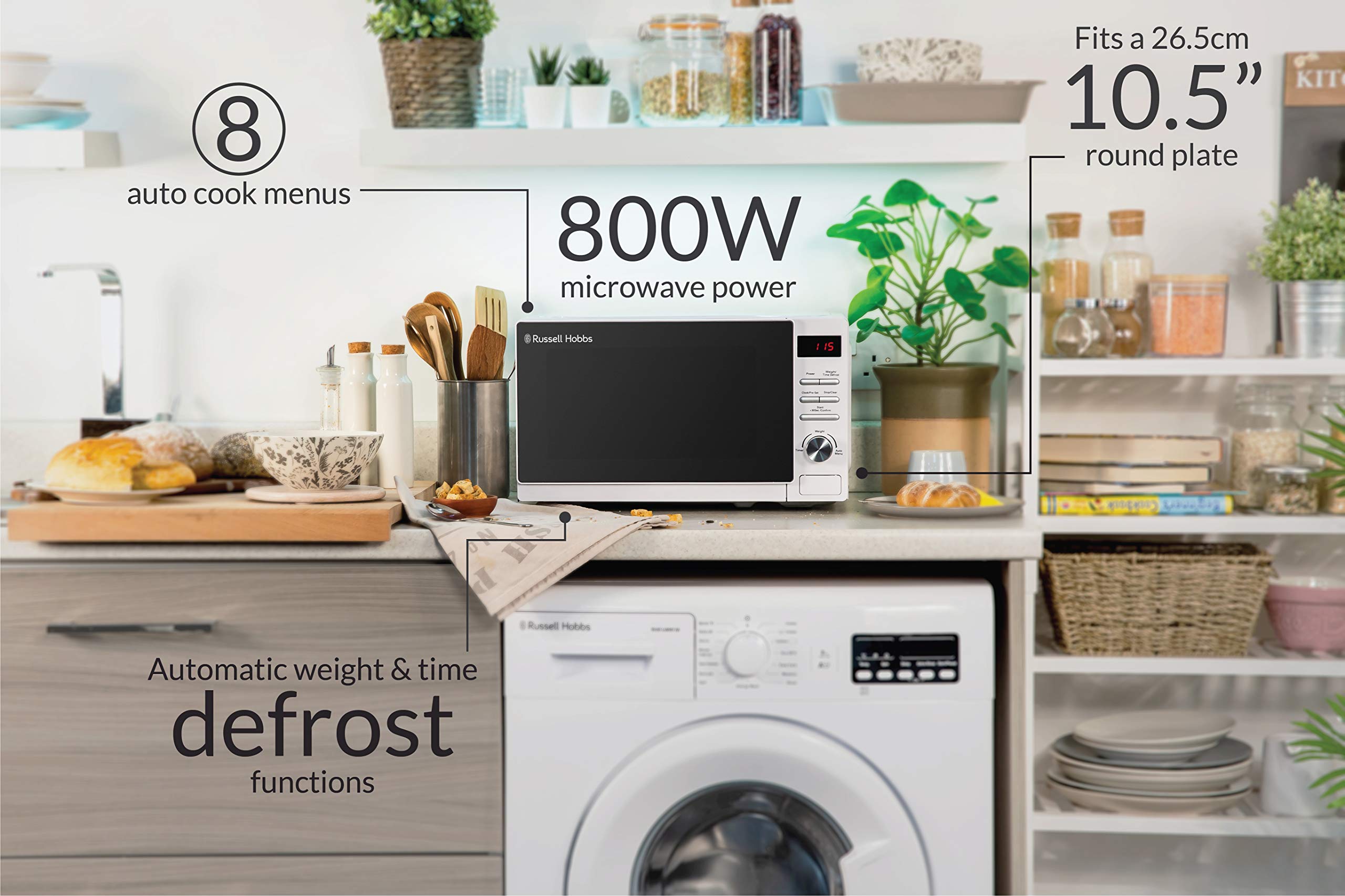 Russell Hobbs RHM2079A 20L 800W White Digital Microwave - 5 Power Levels, Auto Defrost, 8 Auto Cook Menus, Clock & Timer, Easy Clean - Perfect for Dorms, Offices & Small Kitchens