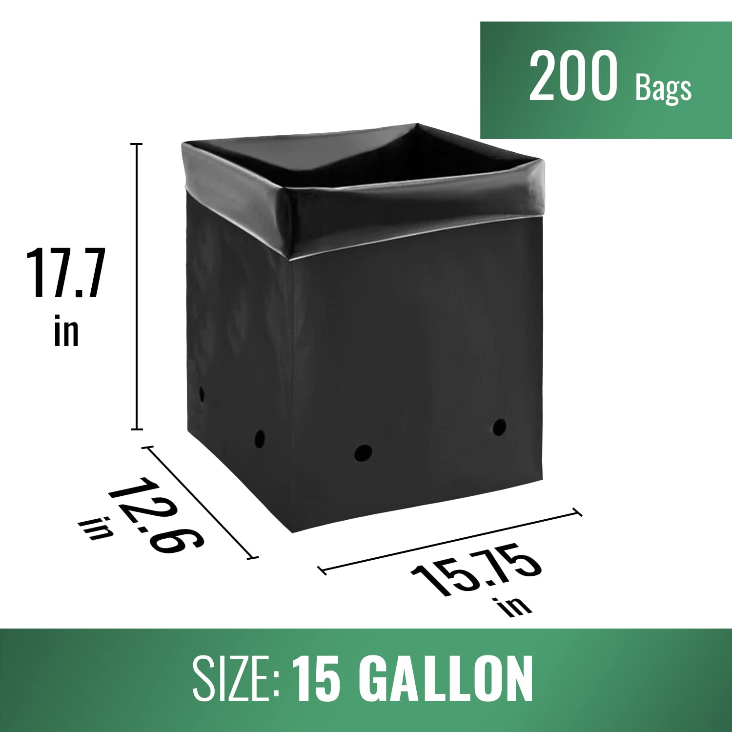 Grow1 15 Gallon Plastic PE Plant Grow Bags - 200 Pack All Black | Heavy Duty Nursery Pots for Vegetables, Fruits & Flowers | Indoor/Outdoor Gardening & Container Planting