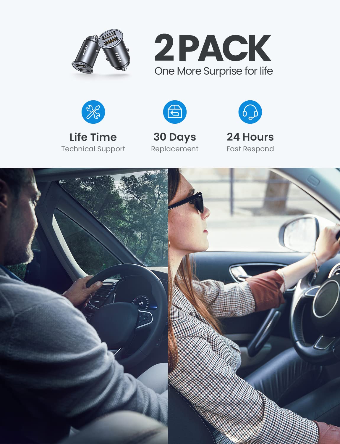 AINOPE 2-Pack 4.8A Fast Mini USB Car Charger Adapter - Dual Port Metal Cigarette Lighter Charger for iPhone 16/15/14/13/12/Pro Max/8 Plus/XR, Samsung Galaxy S24/S23/S10, iPad - Silver | Perfect for Road Trips & Daily Commuting