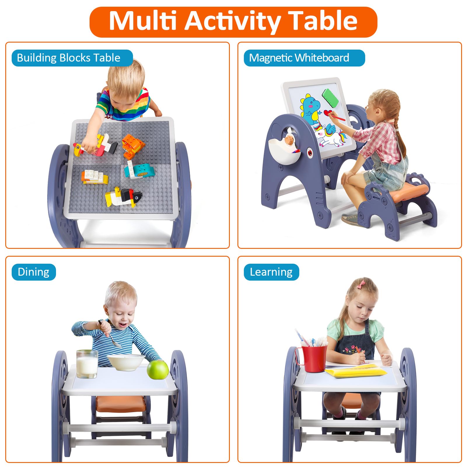GARVEE 4-in-1 Kids Activity Table Set with Magnetic Whiteboard - Building Block Table Compatible with Lego Duplo Bricks - Toddler Sensory Play Table Includes Chair, 66pcs Large Blocks & 2 Storage Bins - Perfect for Preschool Learning, Creative Play & Home Daycare Activities