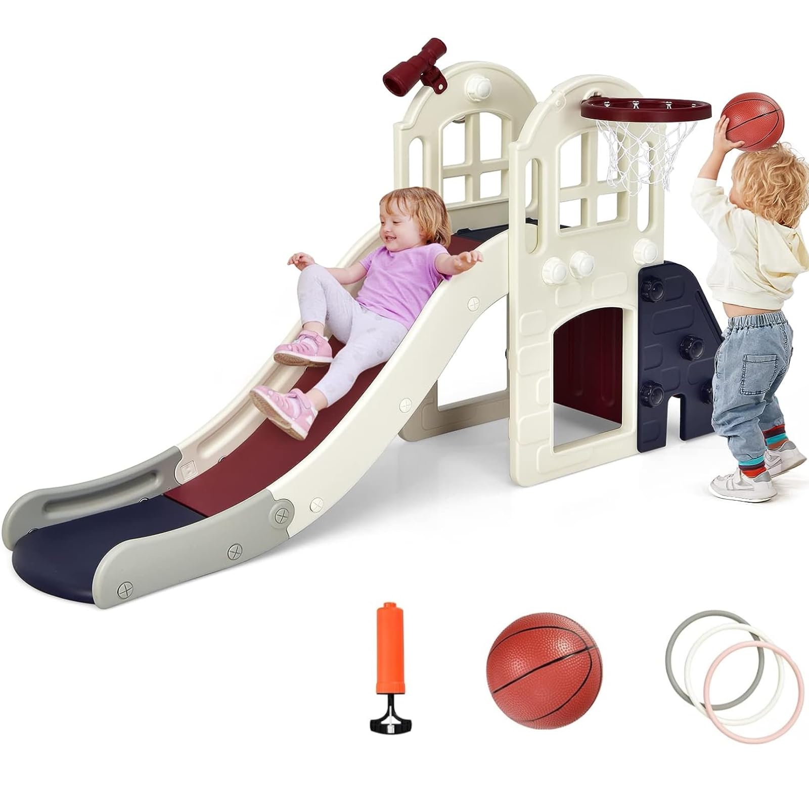 BABY JOY 6-in-1 Toddler Slide & Climber Set with Basketball Hoop & Ring Toss - Convertible Indoor/Outdoor Playground for Boys & Girls Ages 1-5 Years - Perfect Birthday Gift for Active Kids (Backyard, Playroom, Daycare)