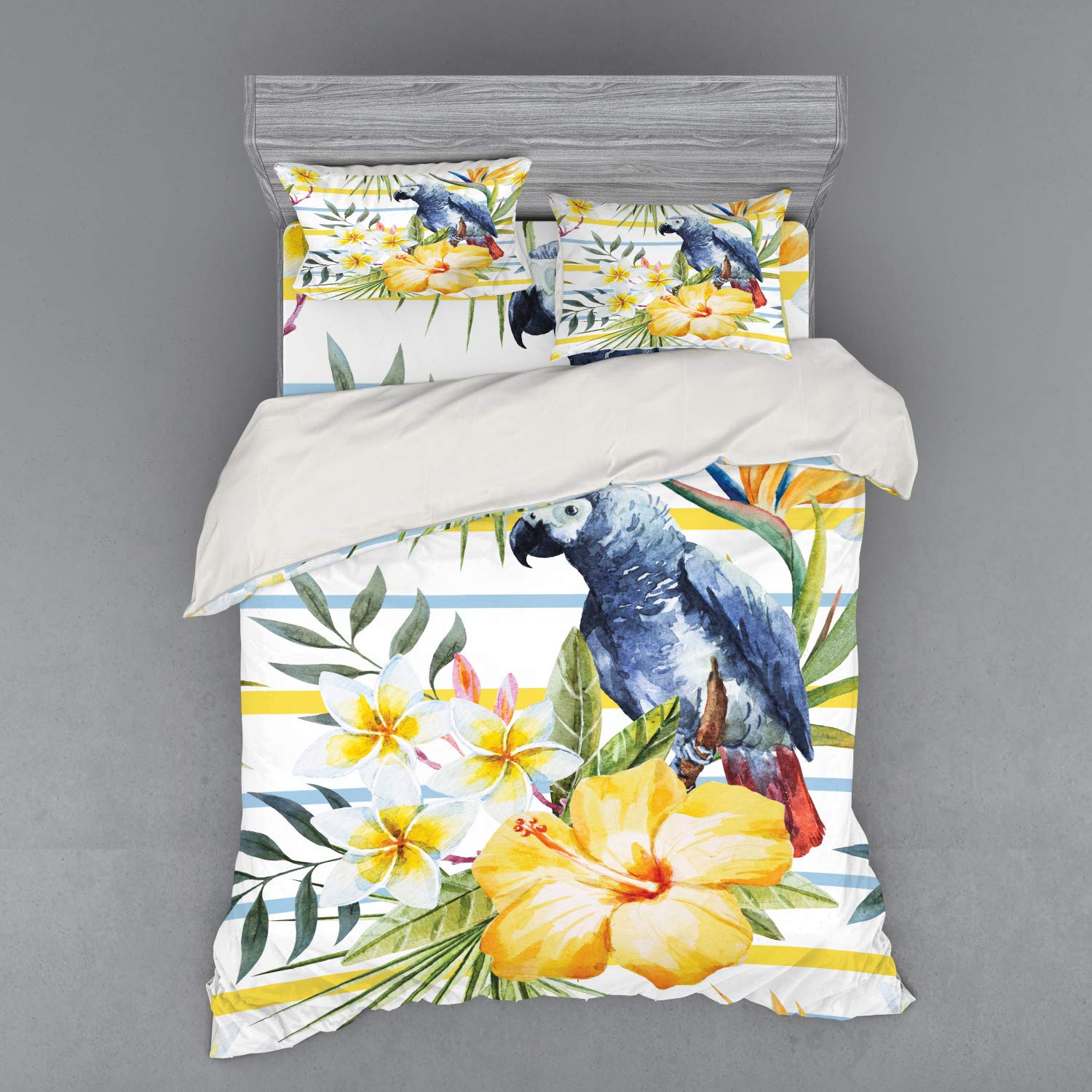 Ambesonne Tropical Parrot Duvet Cover Set - Queen Size 4-Piece Bedding with Shams & Fitted Sheet, Exotic Hibiscus & Orchid Design for Hawaiian Jungle Theme Bedroom Decor - Perfect for Beach House, Vacation Rental or Boho Chic Home Styling