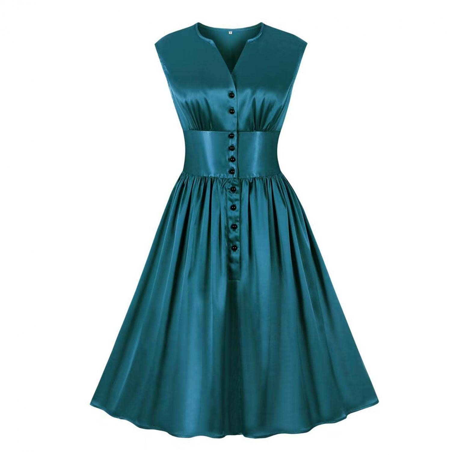 Elegant Women's Satin V-Neck Retro Midi Dress - High Waist Button Front Sleeveless Formal Dress for Wedding Guest, Party, Cocktail & Special Occasions