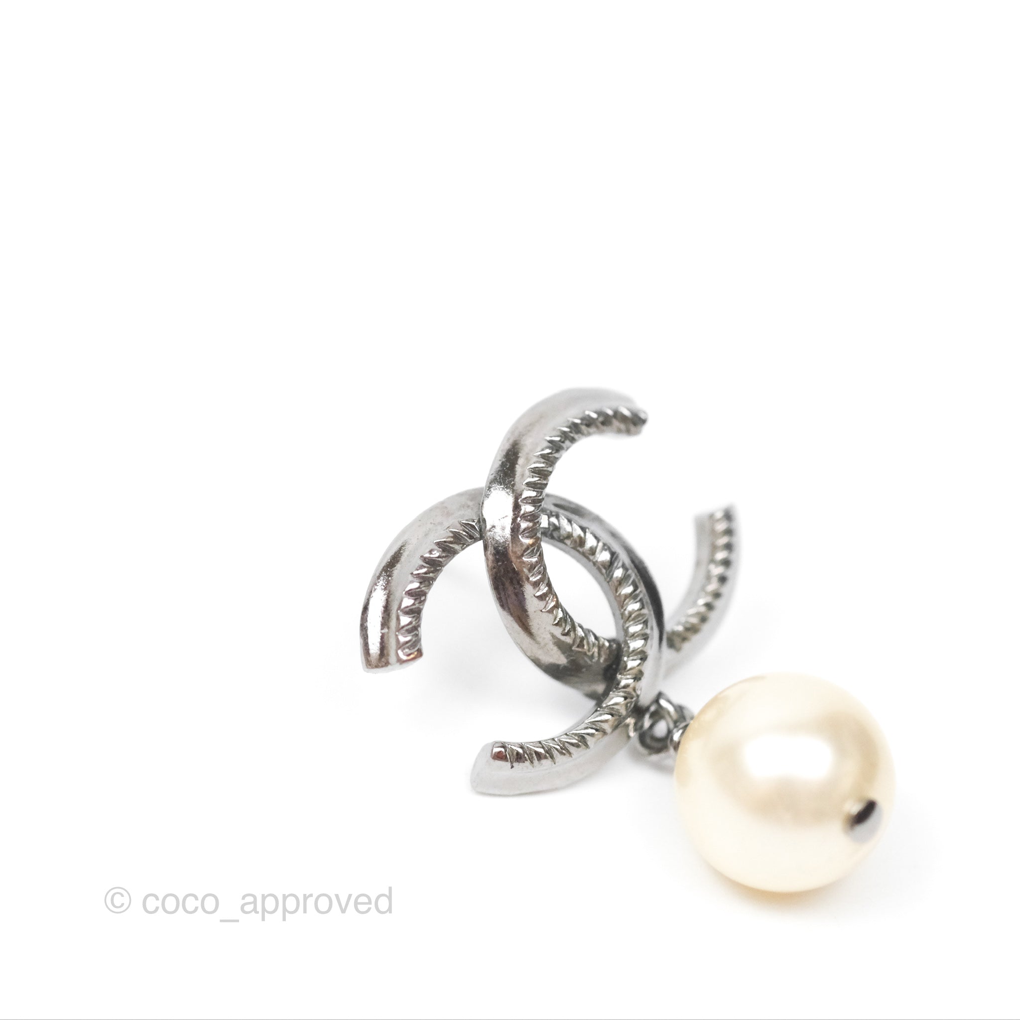 Chanel CC Pearl Drop Earrings in Gun Metal - Elegant Luxury Jewelry for Women | Perfect for Parties, Weddings & Special Occasions
