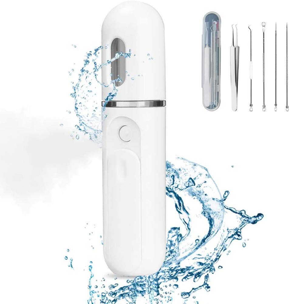 Portable Nano Facial Steamer with 5-Piece Skincare Kit - USB Rechargeable Mini Humidifier & Moisturizing Mist Sprayer for Home & Travel Skincare (30ml, White) - Perfect for Daily Hydration, Spa Days & On-the-Go Beauty Routine