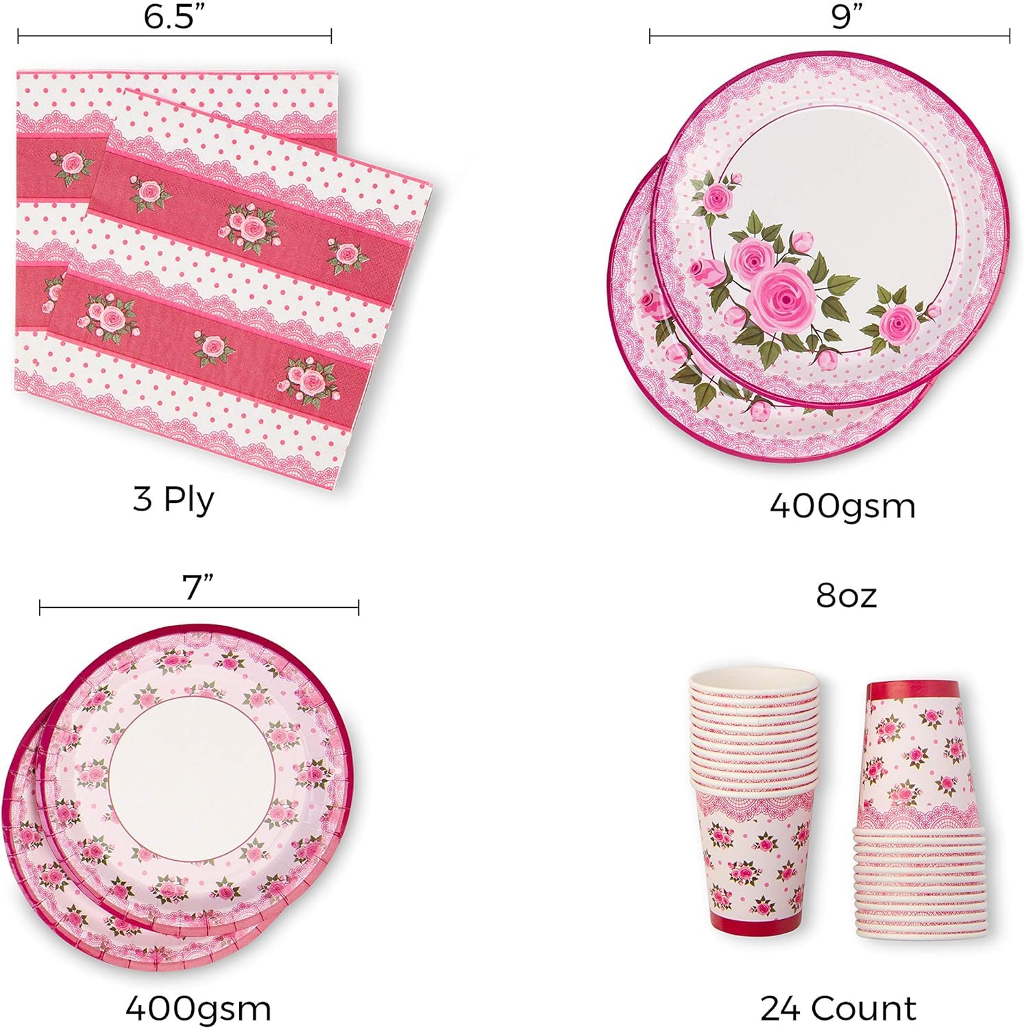 Royal Bluebonnet Rose Paper Plates and Napkins Set of 24 - Heavy Duty 400 GSM Disposable Floral Party Supplies for Birthday, Mother's Day & Easter Brunch Decorations - Perfect for Spring Garden Parties, Baby Showers and Bridal Luncheons