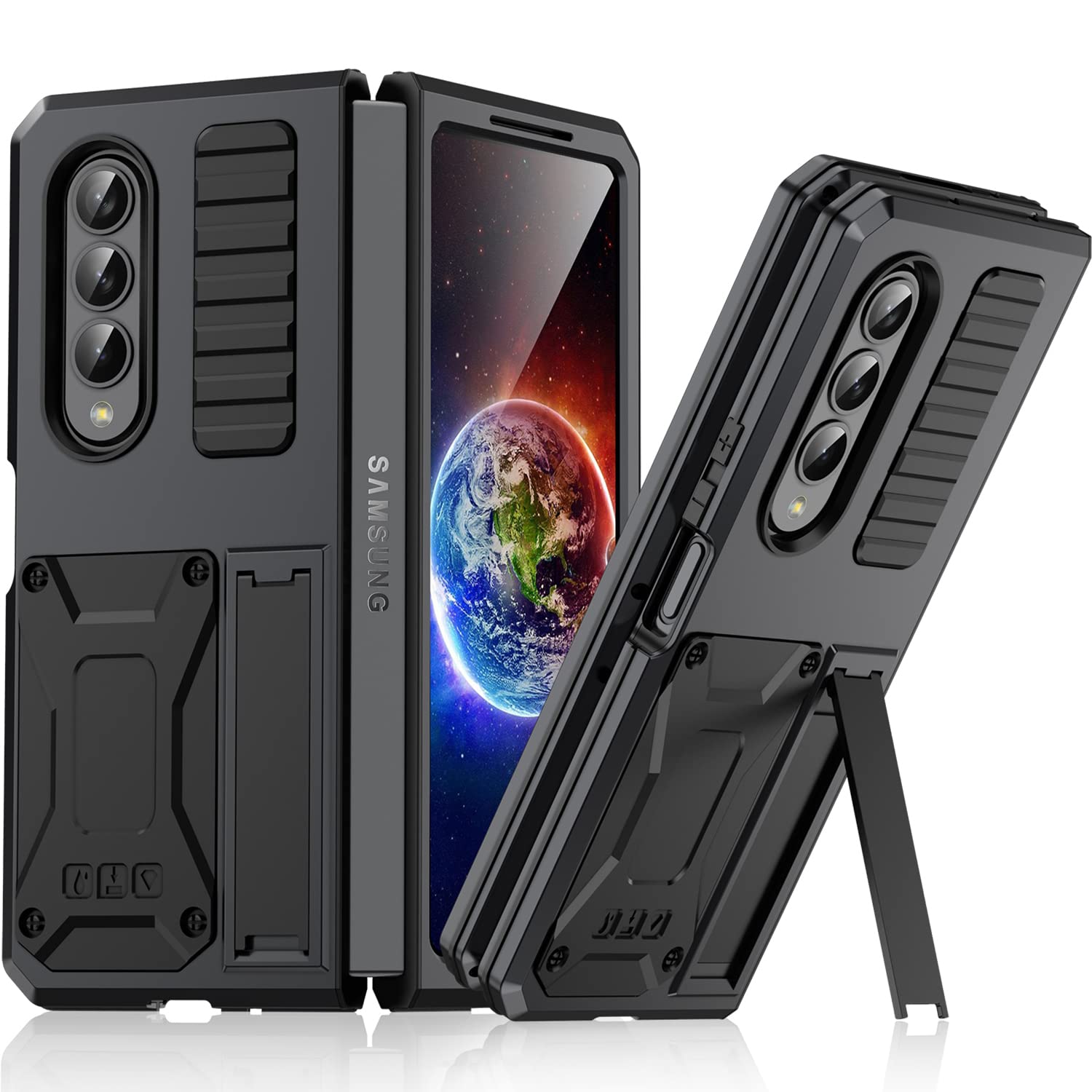 Samsung Galaxy Z Fold 4 Heavy Duty Rugged Case with Built-in Screen Protector & Kickstand - Military Grade Shockproof Full Body Protection Cover (Black) - Perfect for Outdoor Activities, Travel & Daily Use