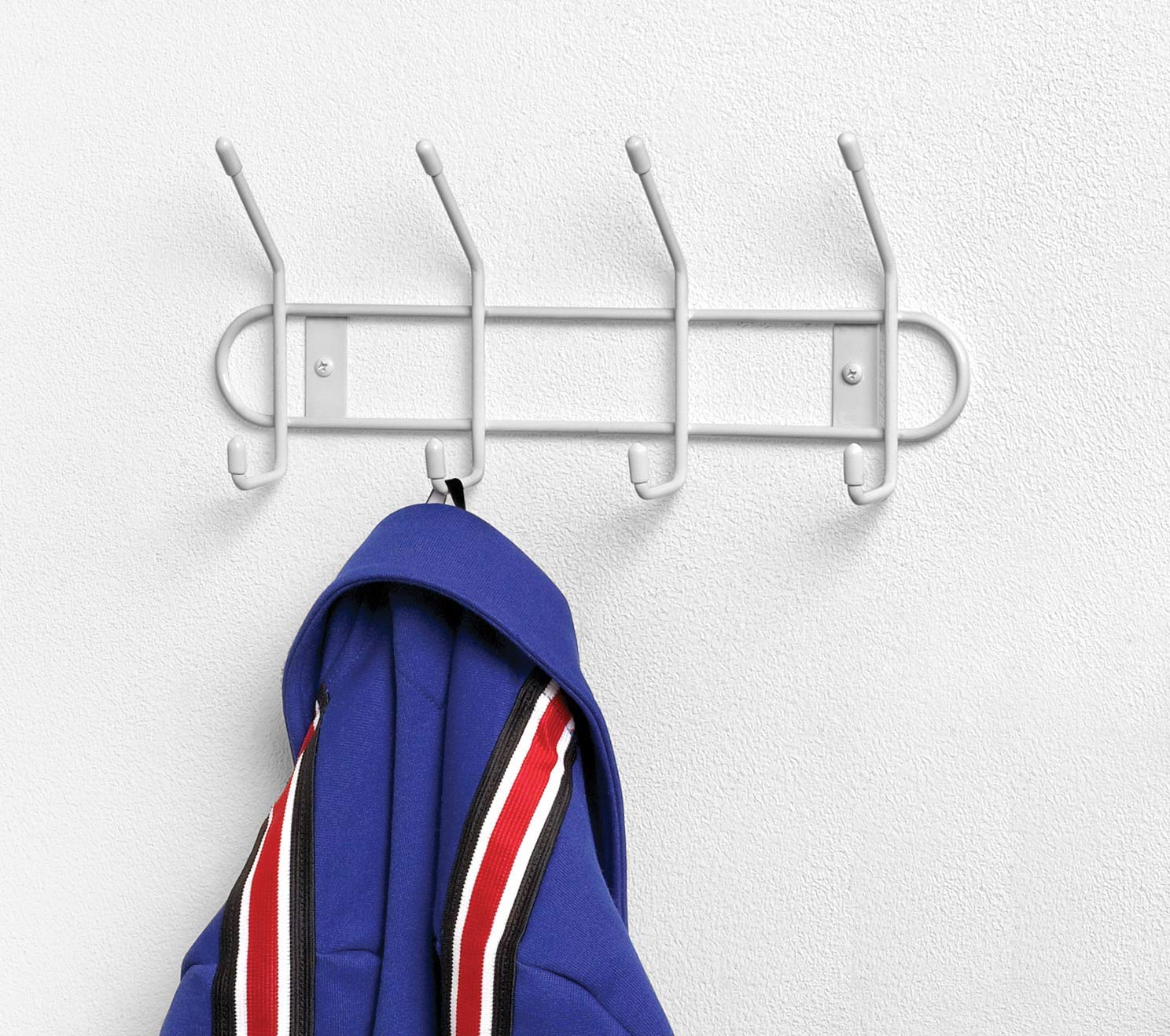 Spectrum Diversified 4-Hook Wall Mount Rack - Heavy Duty Steel Coat Hanger with Rubberized Ends for Closet, Entryway & Garage Organization - White (60400-24) - Perfect for Hanging Coats, Hats, Bags & Accessories in Home & Office Spaces