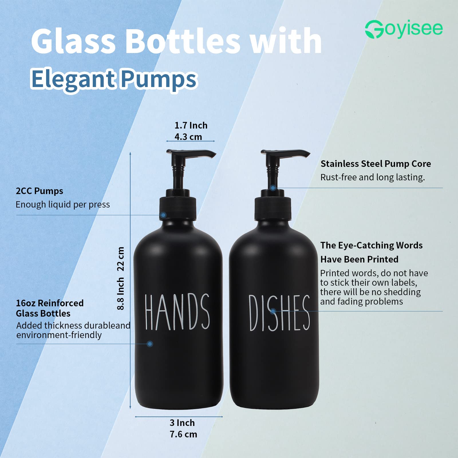 GOYISEE 16oz Glass Soap Dispenser with Pump - Elegant Black Hand & Dish Soap Dispenser for Bathroom & Kitchen Decor | Perfect for Countertop, Sink Area, and Home Accessories Organization (Black & Black Set)