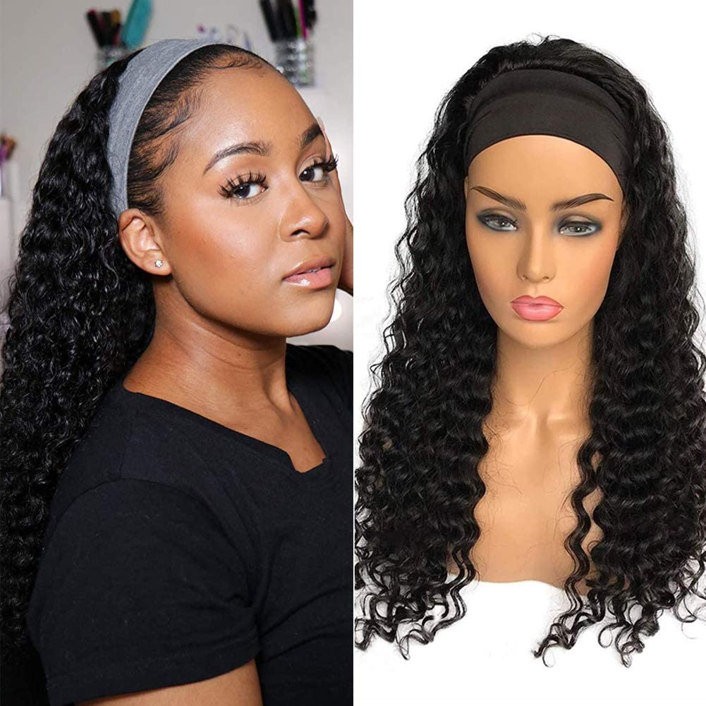 XSY 24 Inch Brazilian Deep Wave Human Hair Headband Wig - Glueless No Lace Front Virgin Hair Wigs for Black Women | Machine Made & Natural Looking | Perfect for Daily Wear, Parties & Special Occasions