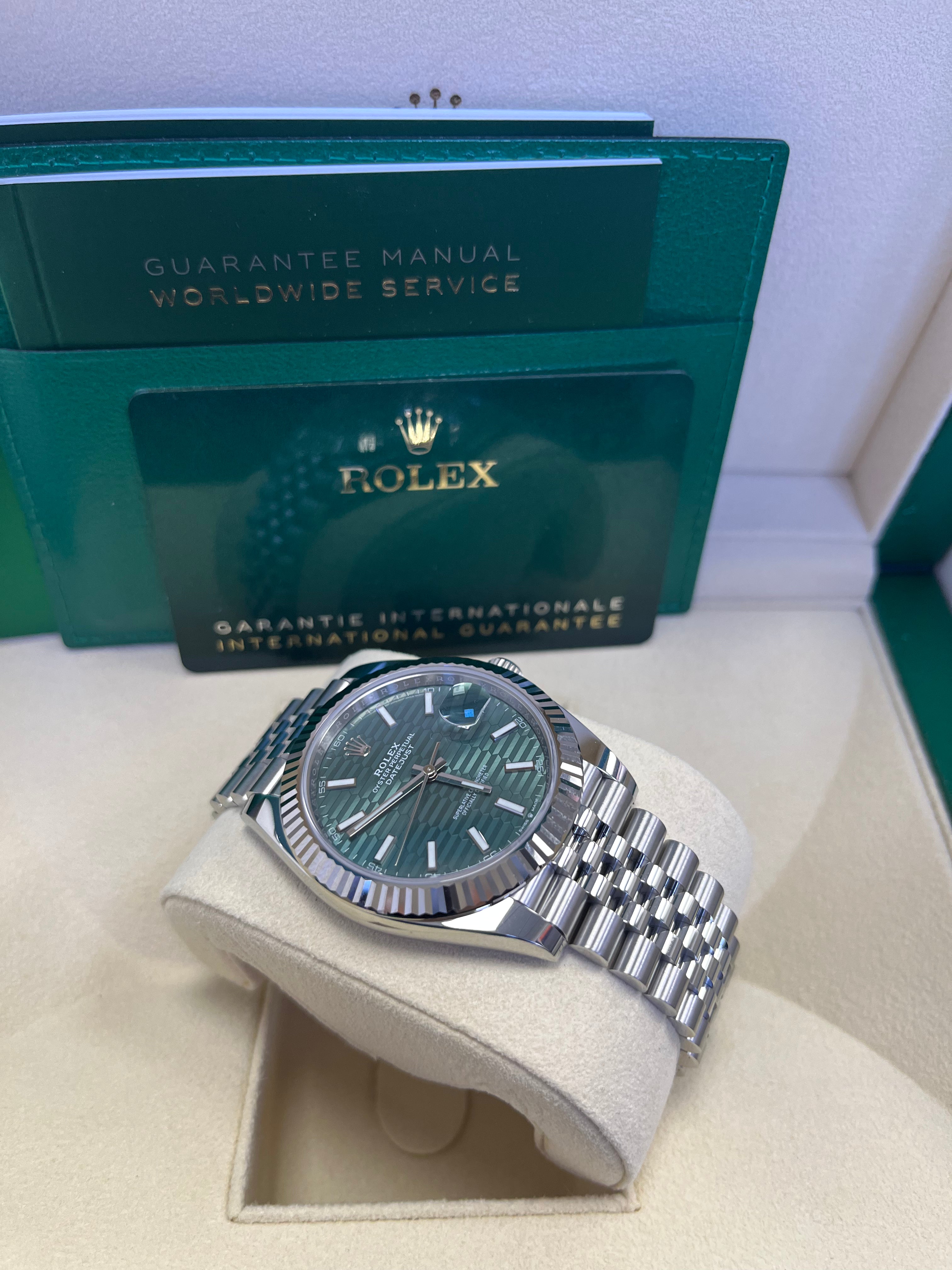 Rolex Datejust 41mm White Gold & Steel Watch with Mint Green Fluted Motif Dial & Fluted Bezel - Jubilee Bracelet Ref#126334 | Luxury Dress Watch for Men, Business & Formal Occasions