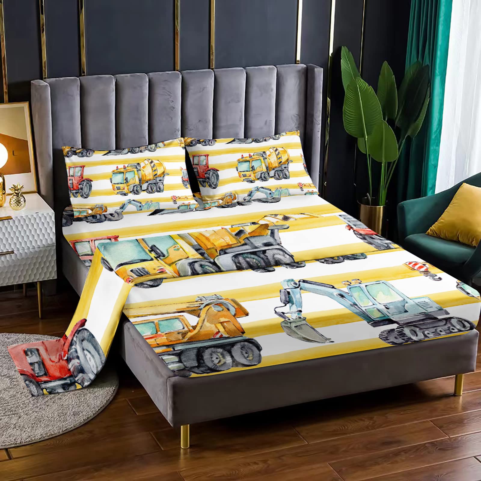 **Boys Tractor Bedding Set – Queen Size Construction Truck Sheets, Watercolor Excavator & Cartoon Car Design – Includes Flat Sheet, Fitted Sheet & Pillowcases – Perfect for Kids' Bedroom, Nursery, or Themed Room Decor**