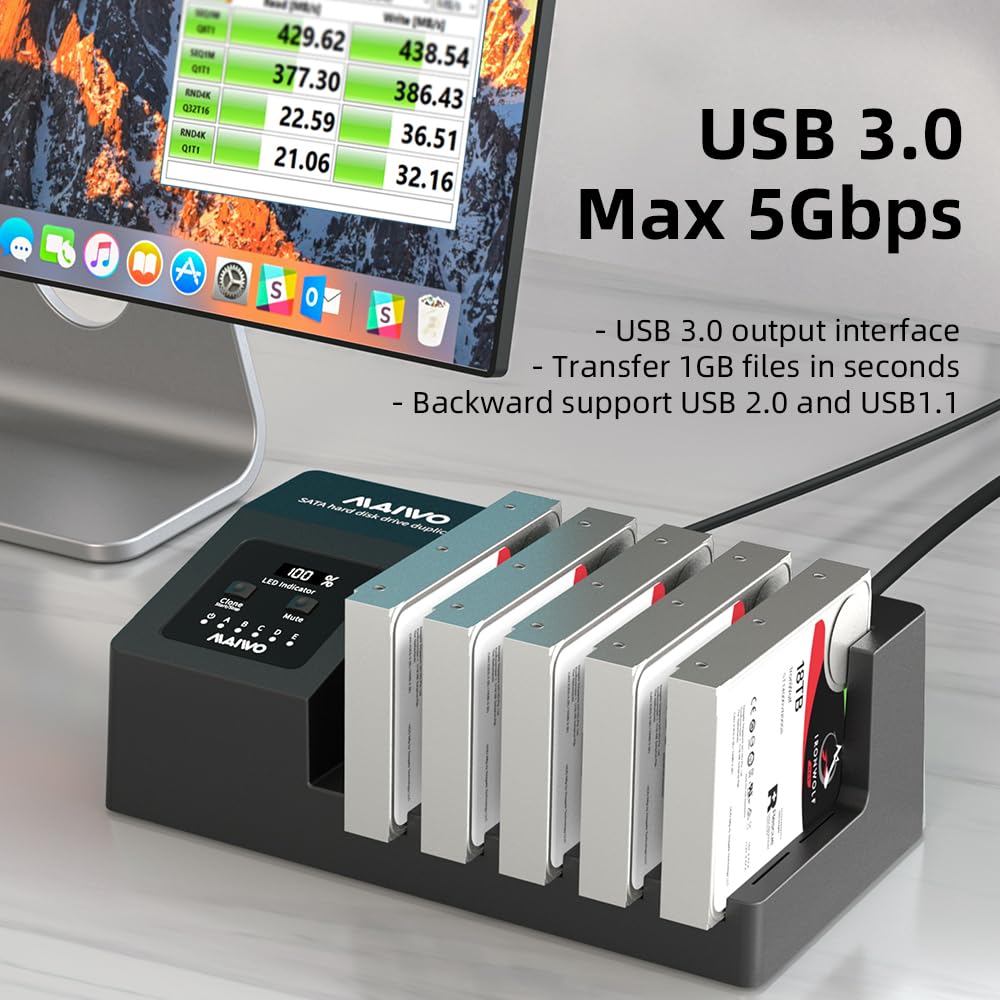 MAIWO 5-Bay USB 3.0 Hard Drive Docking Station with Offline Clone Function - Supports 2.5/3.5 Inch SATA HDD/SSD, UASP Technology, 90TB Capacity - Perfect for Data Backup, Disk Duplication & IT Professionals