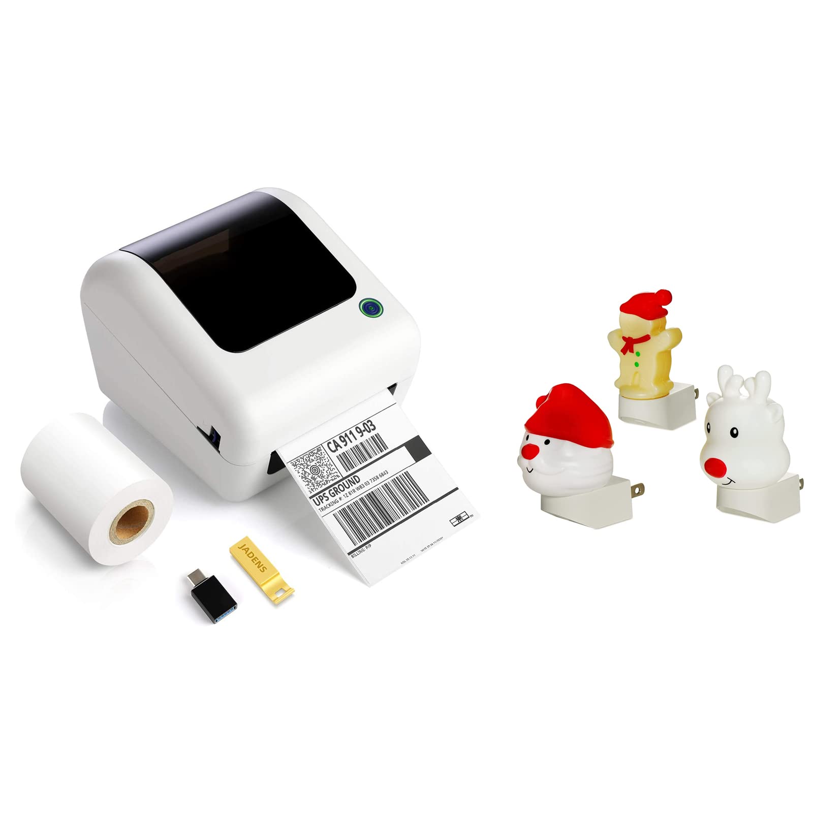 Bluetooth Thermal Shipping Label Printer - High Speed 4x6 Inch, Wireless Compatible with PC & Mobile, USB for MAC - Perfect for E-commerce & Small Business Shipping + 3-Pack Christmas Decor Plug-in Night Lights for Festive Home Ambiance
