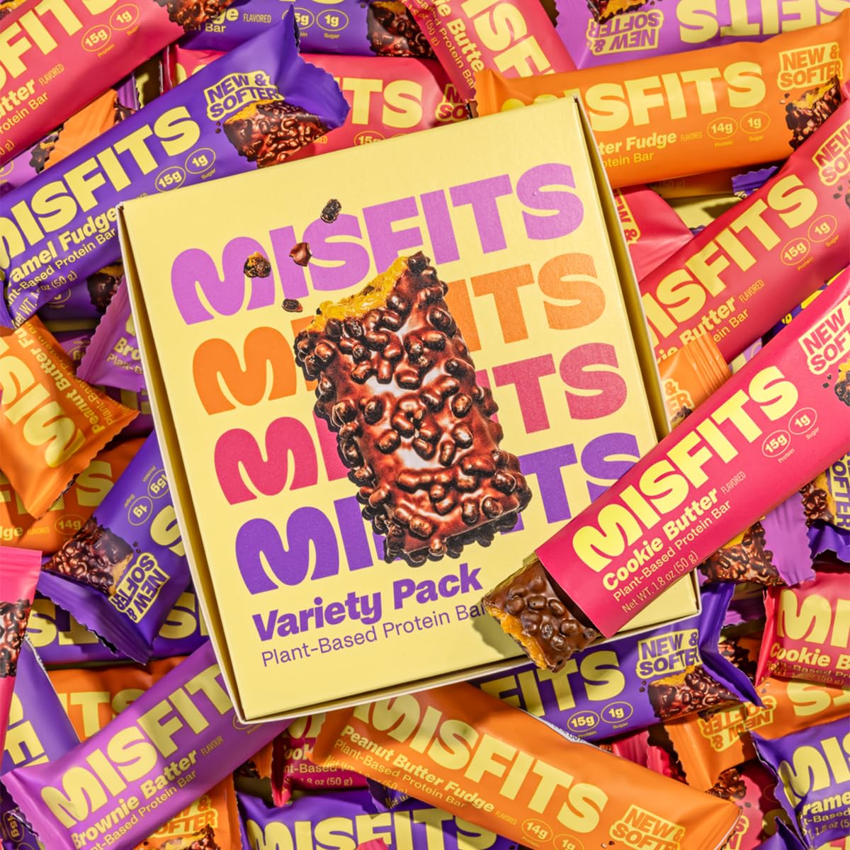 Misfits Vegan Protein Bars - Plant Based, Low Sugar & Carb, High Fiber Snacks | Variety Pack of 12 (4 Flavors) | Perfect for Post-Workout Recovery, Healthy On-the-Go Snacking & Weight Management