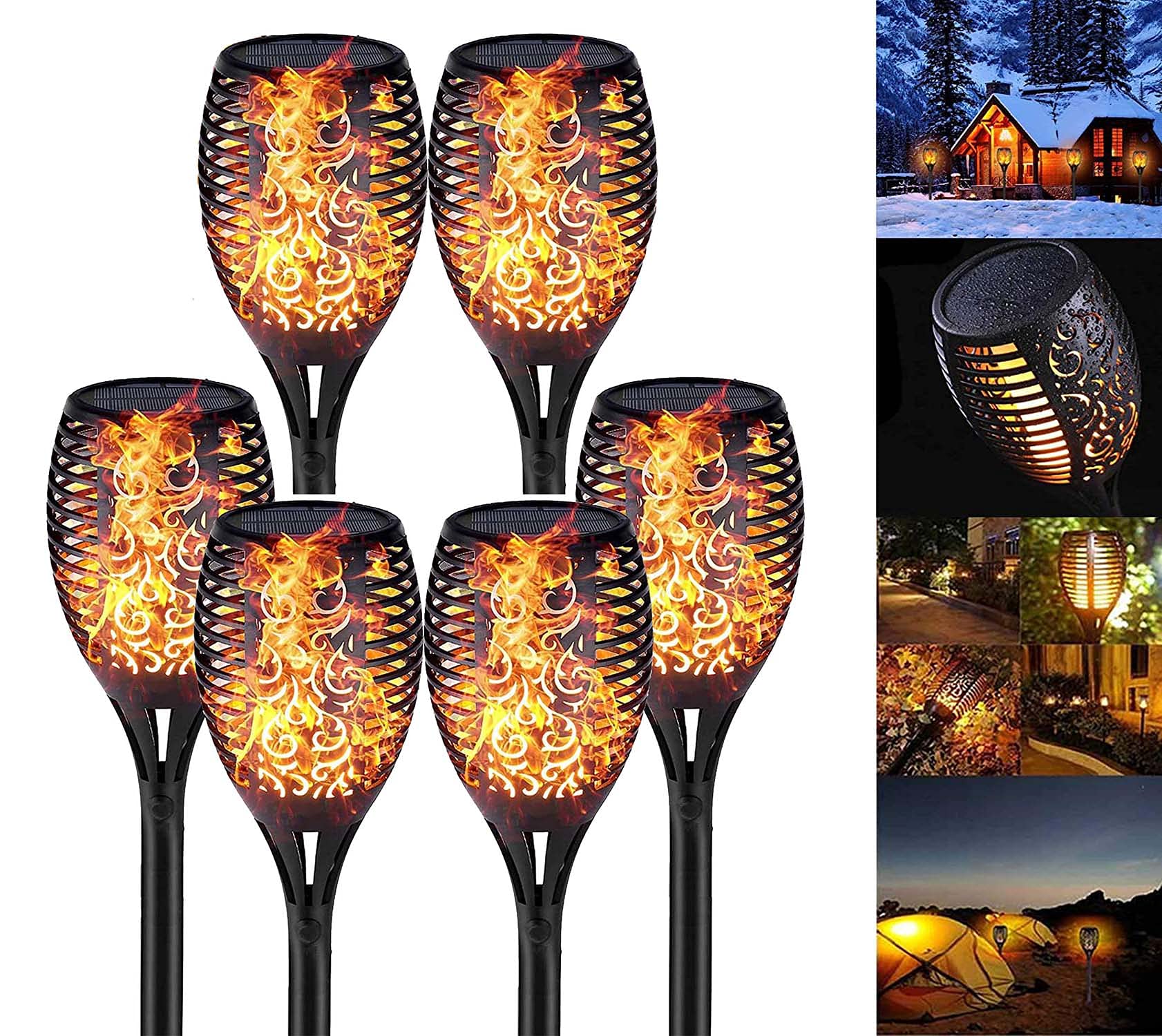 QDY - 6 Pack Solar LED Flame Torch Lights for Outdoor Garden, Patio, Yard & Party Decor - 96 LED Waterproof Solar Garden Lighting for Pathways, Landscape & Backyard Ambiance