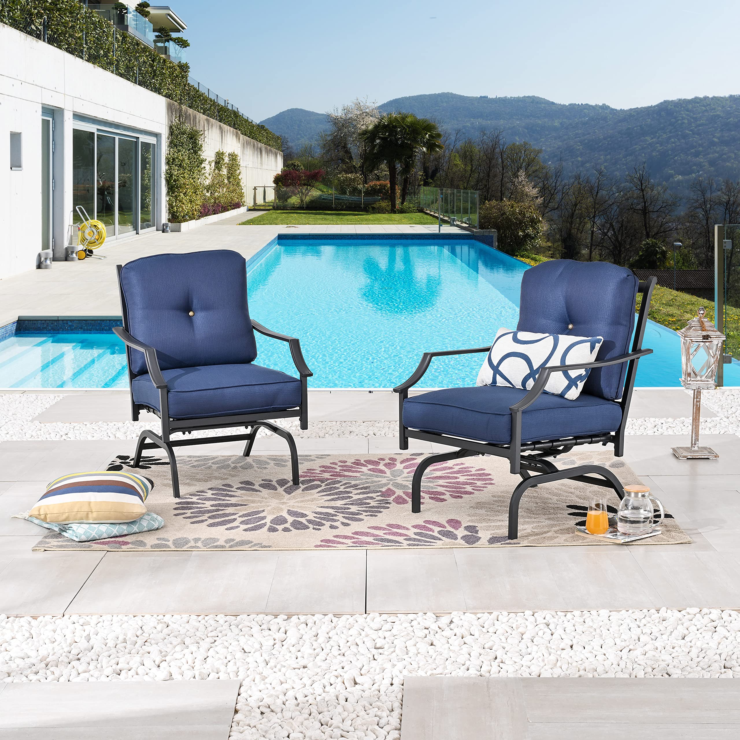 LOKATSE HOME 2-Piece Outdoor Metal Patio Chairs Set with Cushions - Blue Bistro Dining Armchairs for Garden, Balcony, and Backyard Conversation Seating
