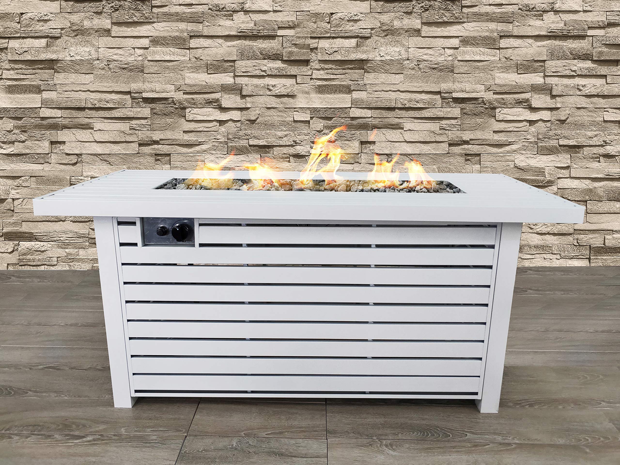 Bridgeport 54 Inch White Rectangle Steel Propane Fire Pit Table - Outdoor Home Garden Backyard Fireplace for Patio, Deck, and Poolside Gatherings
