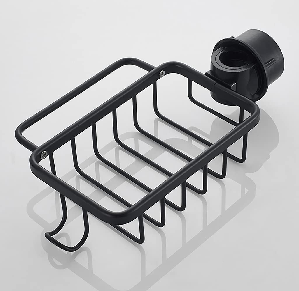Stainless Steel Kitchen Sink Organizer - Faucet Rack with Soap Dish & Sponge Holder | Space-Saving Aluminum Sink Storage Basket with Hook | Perfect for Small Kitchens, Apartments & RV Living (Black)